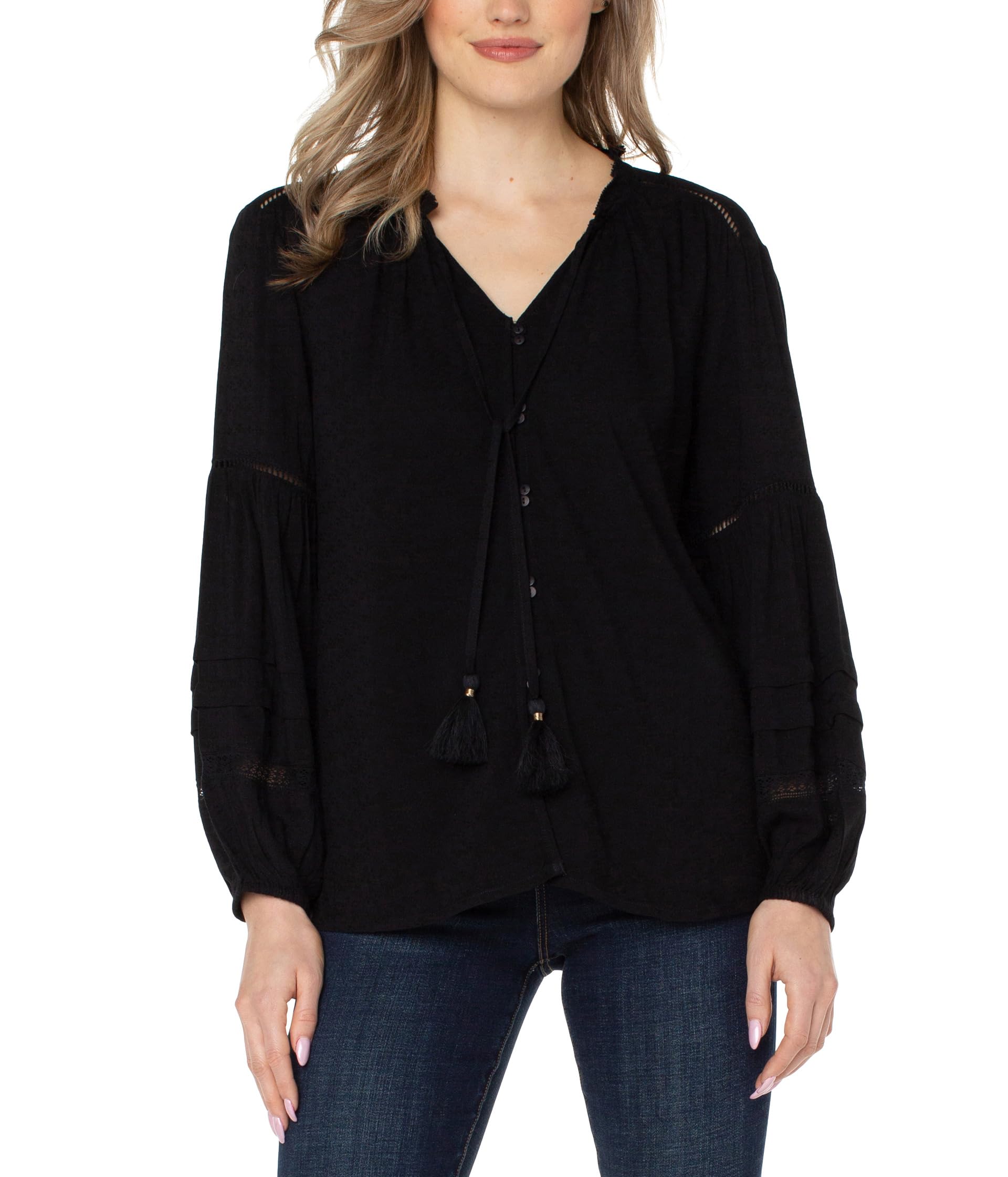 Long Sleeve Popover Shirred Blouse