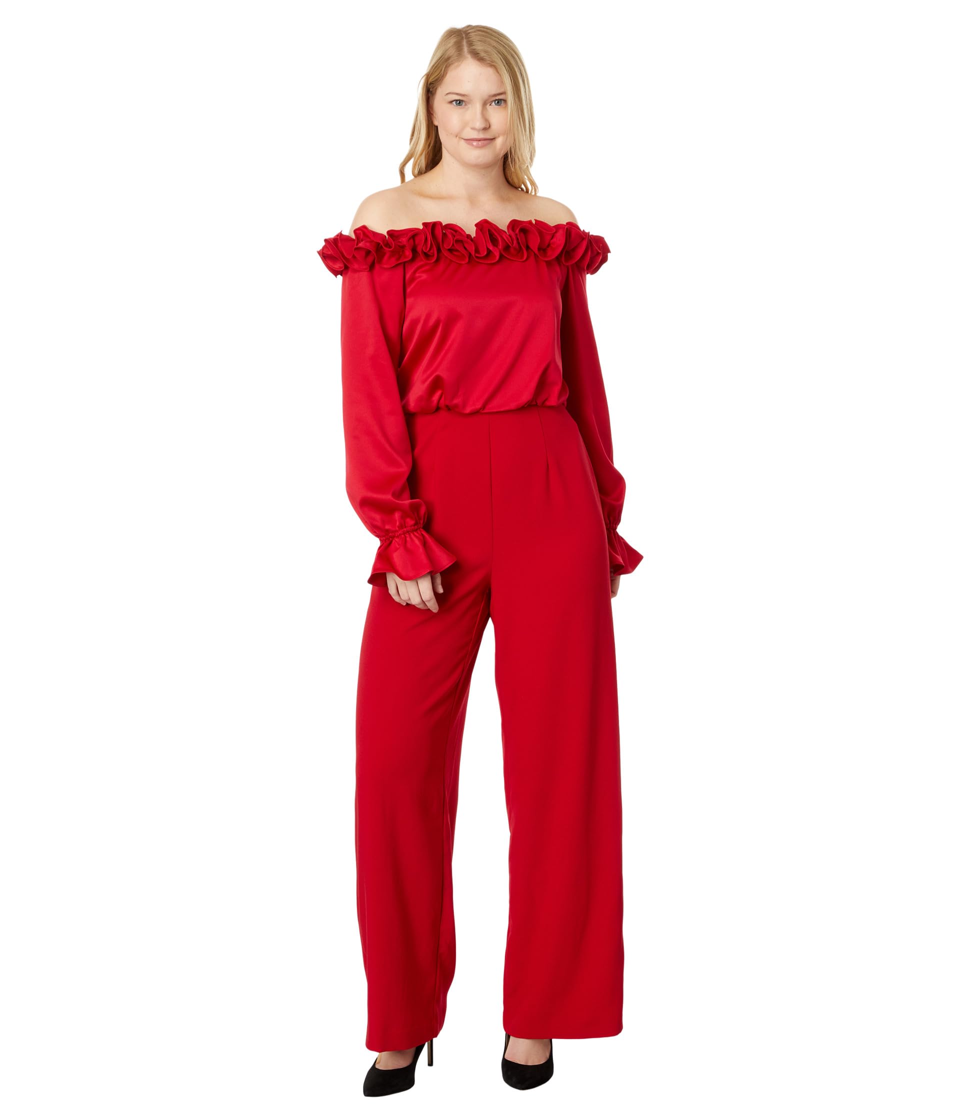 Satin Crepe Off the Shoulder Rosette Jumpsuit