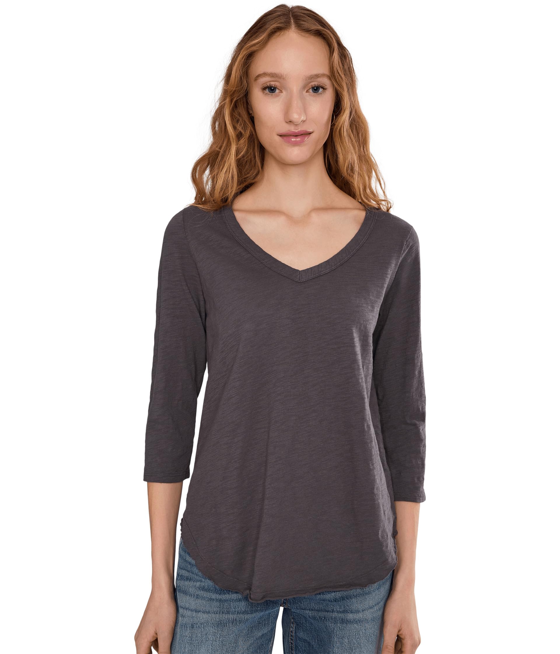 3/4 Sleeve V-Neck Tee with Curved Hem