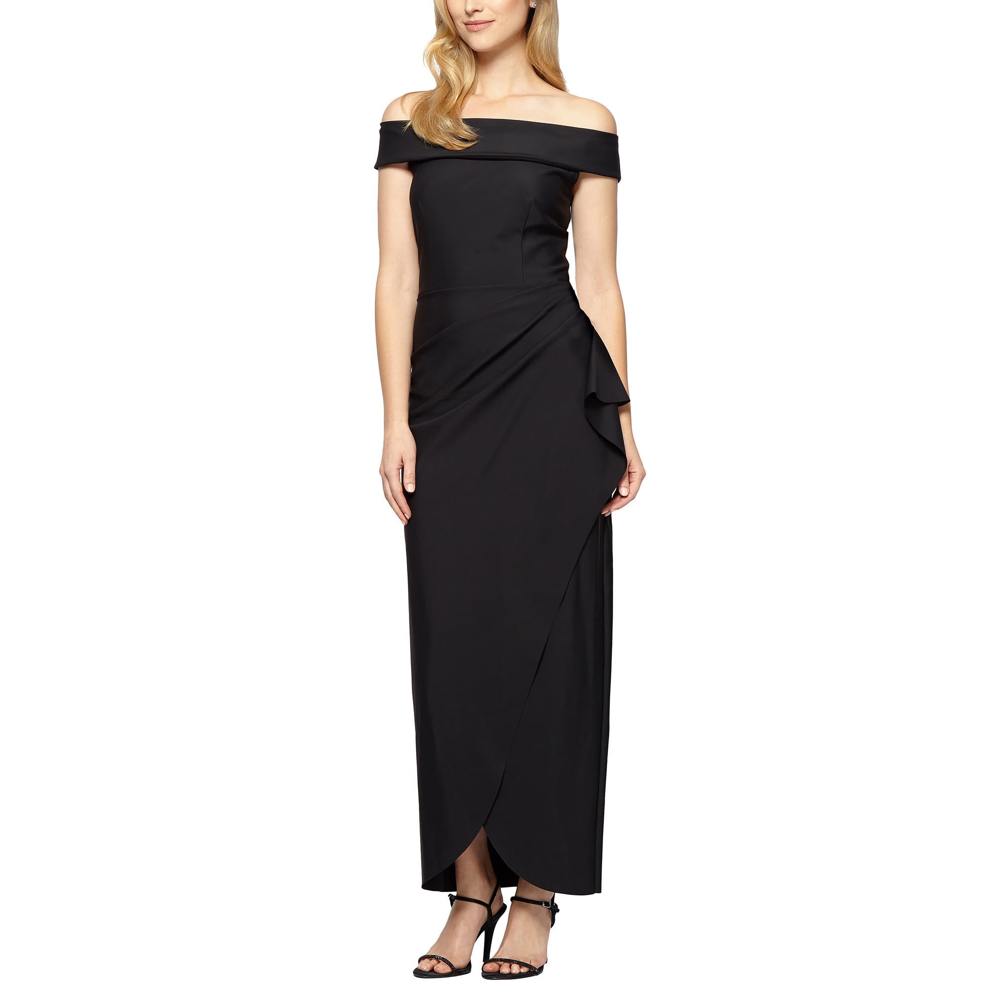 Long Stretch Scuba Off The Shoulder Dress with Cascade Ruffle