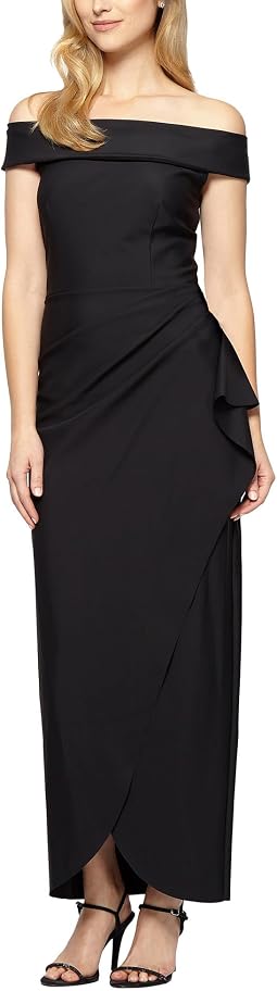 Long Stretch Scuba Off The Shoulder Dress with Cascade Ruffle
