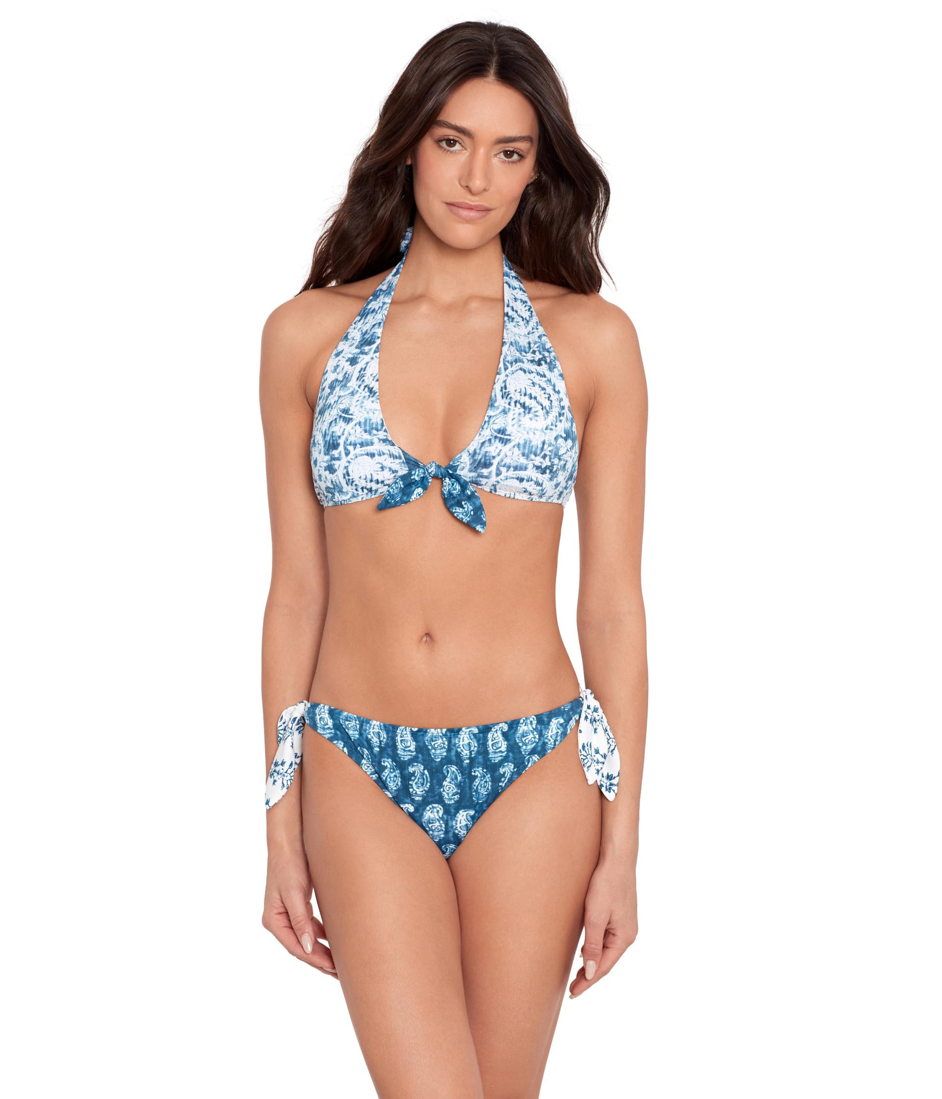 Indigo Print Mix Tie Front Halter Bra