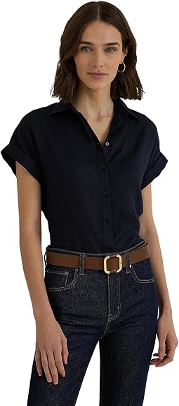 Petite Linen рубашка с коротким рукавом (Женский)