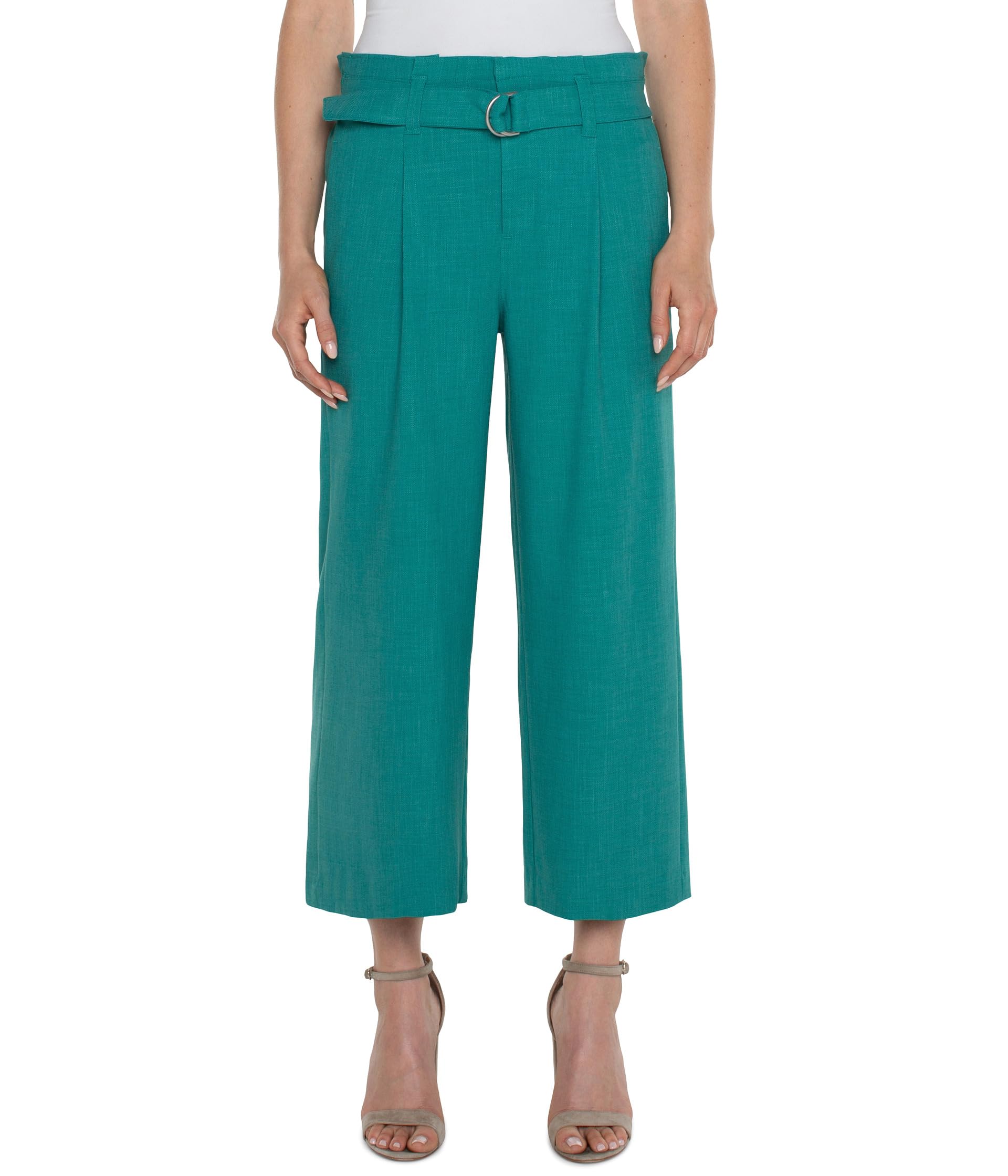 Belted Mid Rise Paper Bag Wide Leg Crop Stretch Woven Trousers
