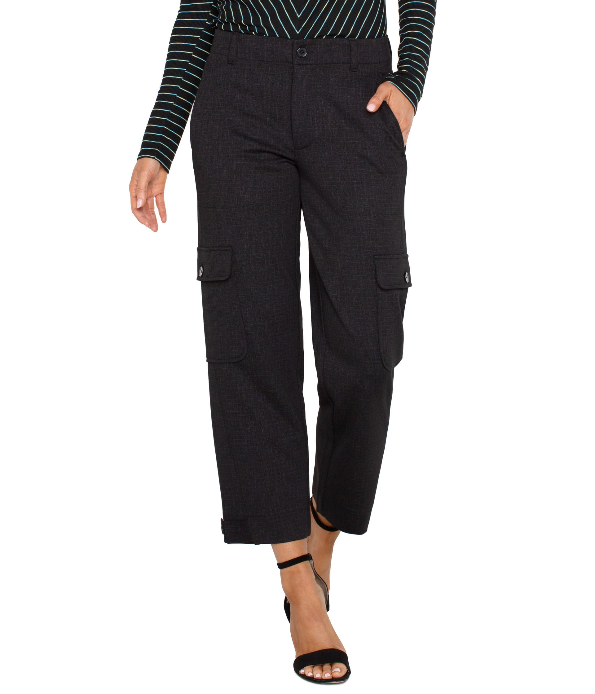 Utility Crop with Tab Hem Mid Rise Cosshatch Printed Knit in Black Crosshatch