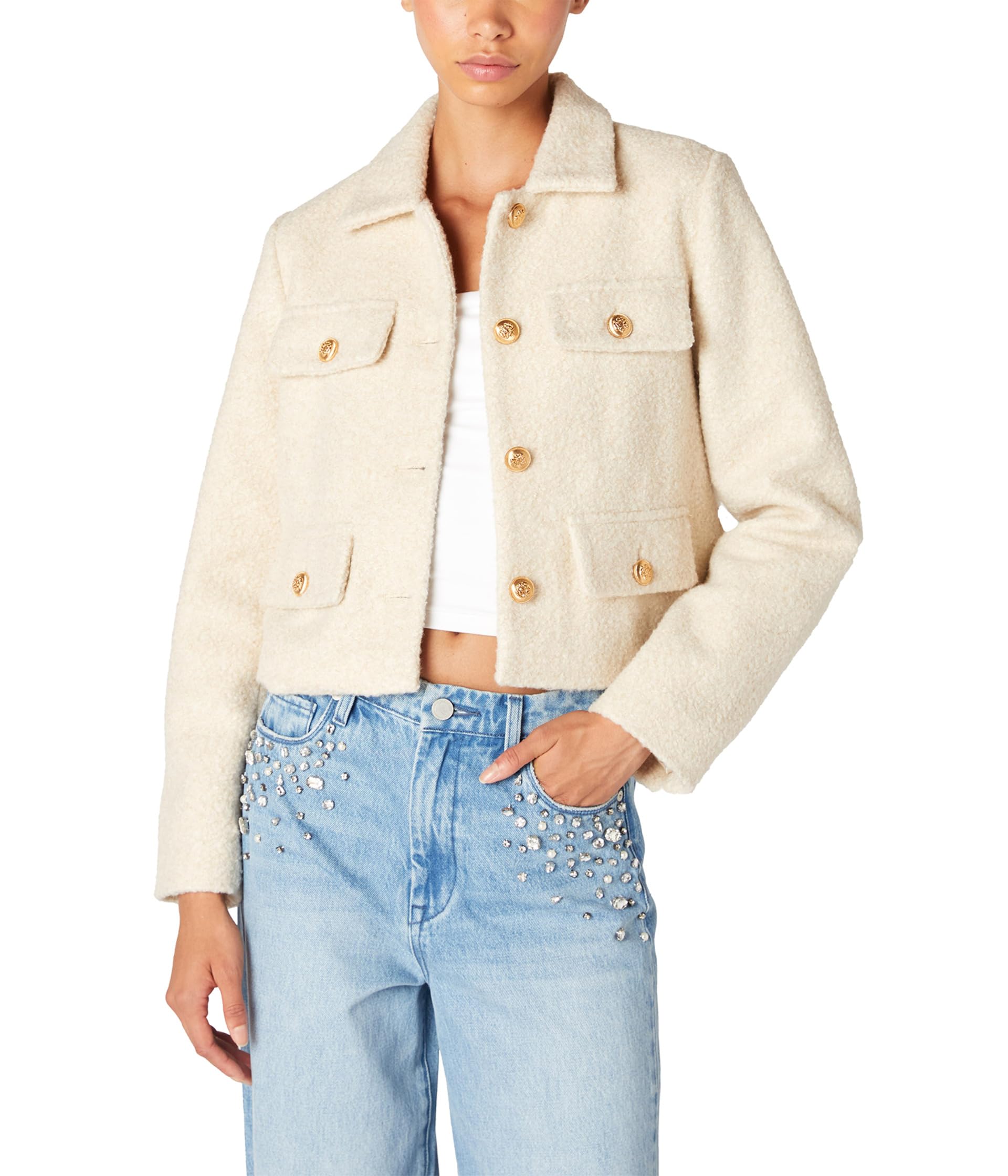 Cropped Shirt Jacket With Pocket And Gold Button Detail