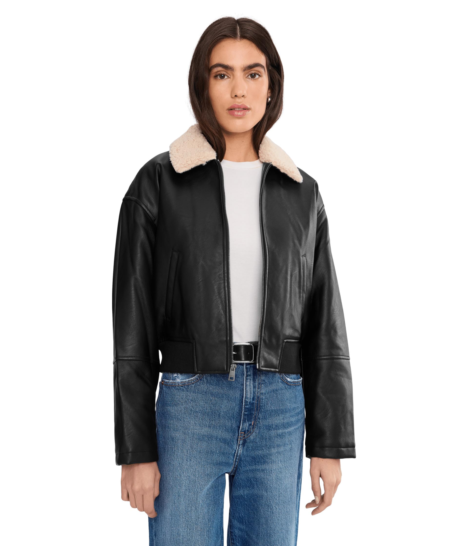 Faux Leather Bomber With Sherpa Collar