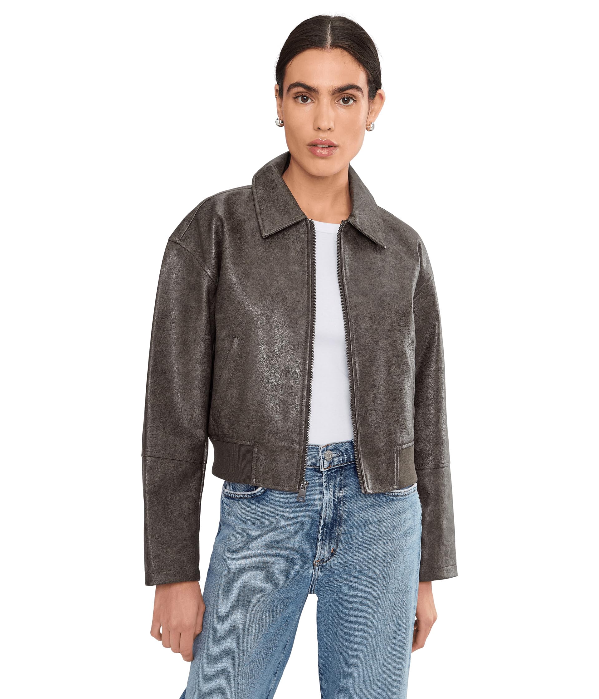 Faux Leather Bomber With Laydown Collar
