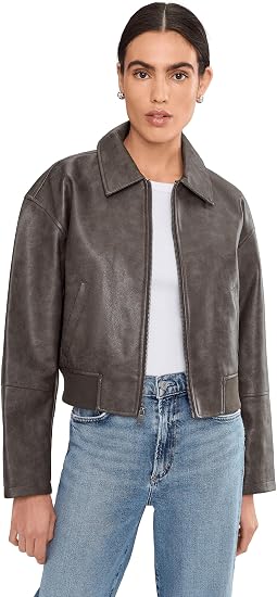 Faux Leather Bomber With Laydown Collar