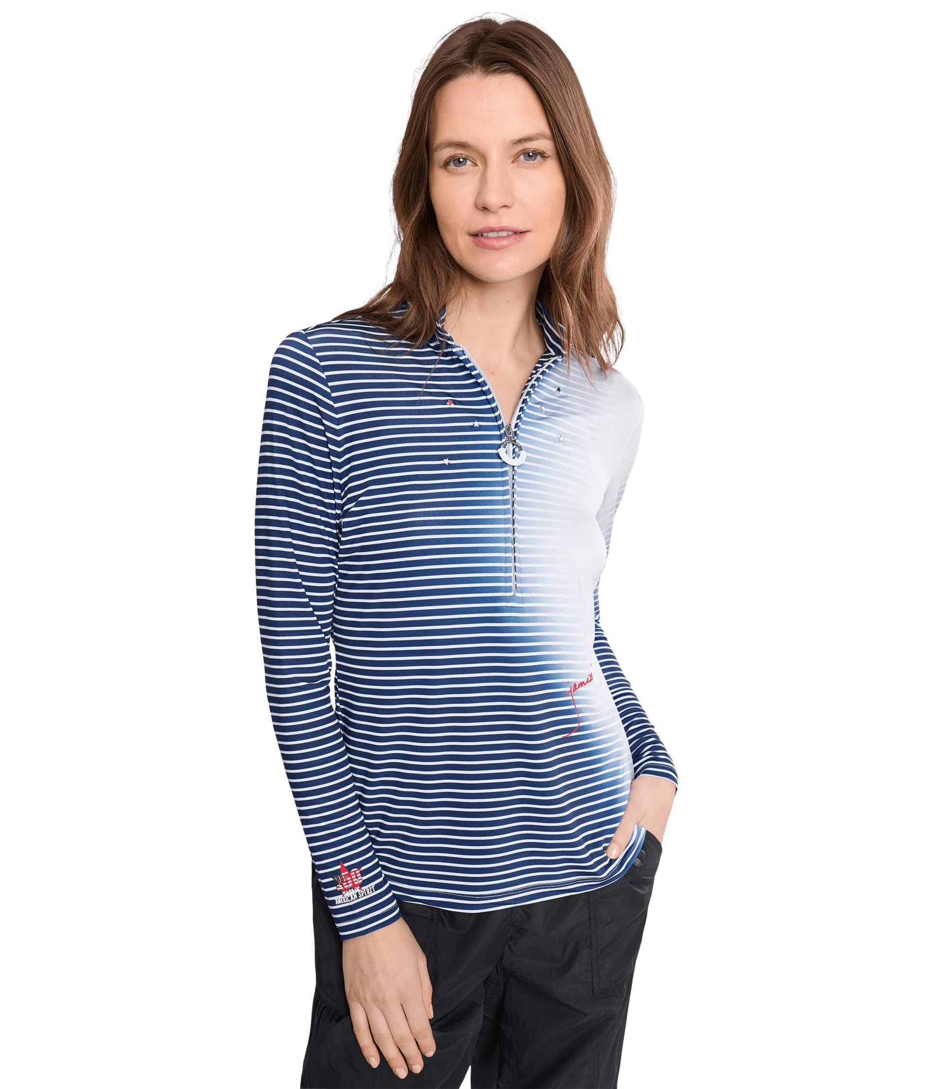 Топ с высоким воротником и молнией на четверть длины рукава Sunsense Gradient Stripe Mock Neck 1/4 Zip Long Sleeve Top