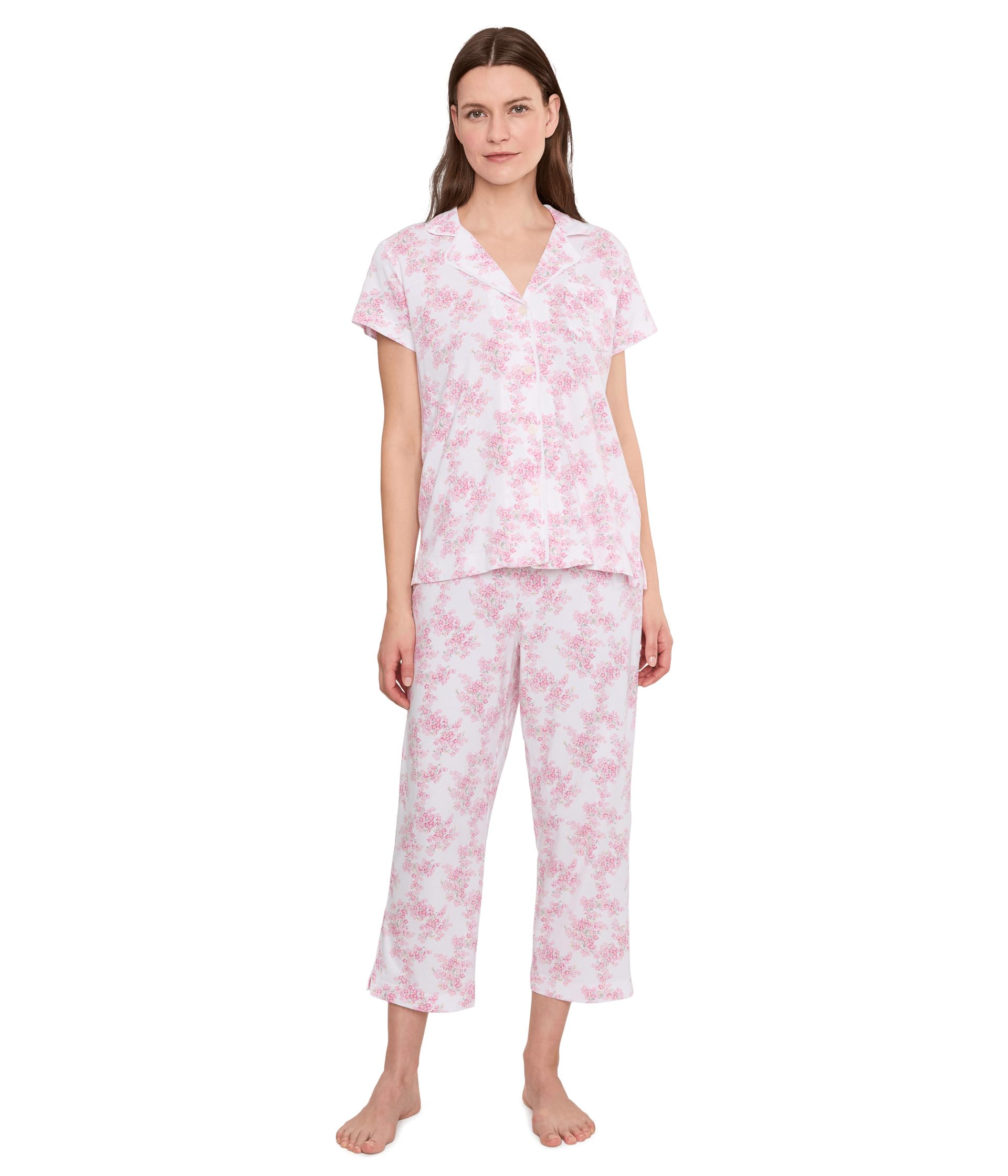 Knit Short Sleeve Notch Collar Cropped Pants Pajama Set