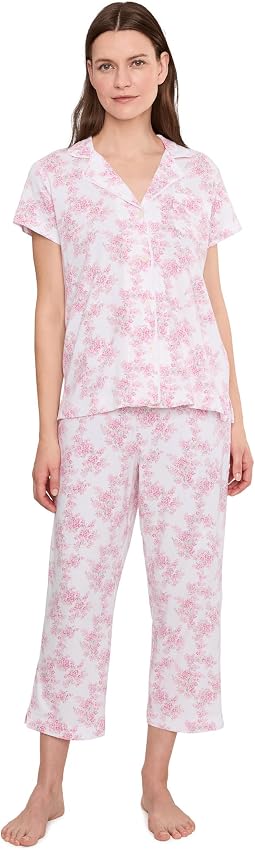 Knit Short Sleeve Notch Collar Cropped Pants Pajama Set