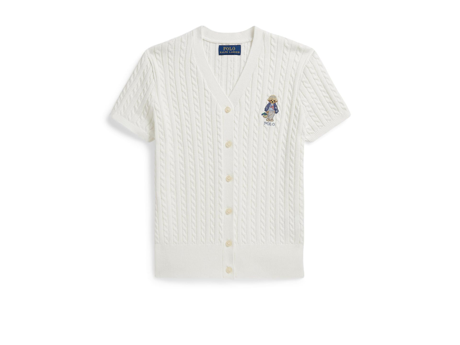 Polo Bear Cable Cotton V-Neck Cardigan (Big Kid)