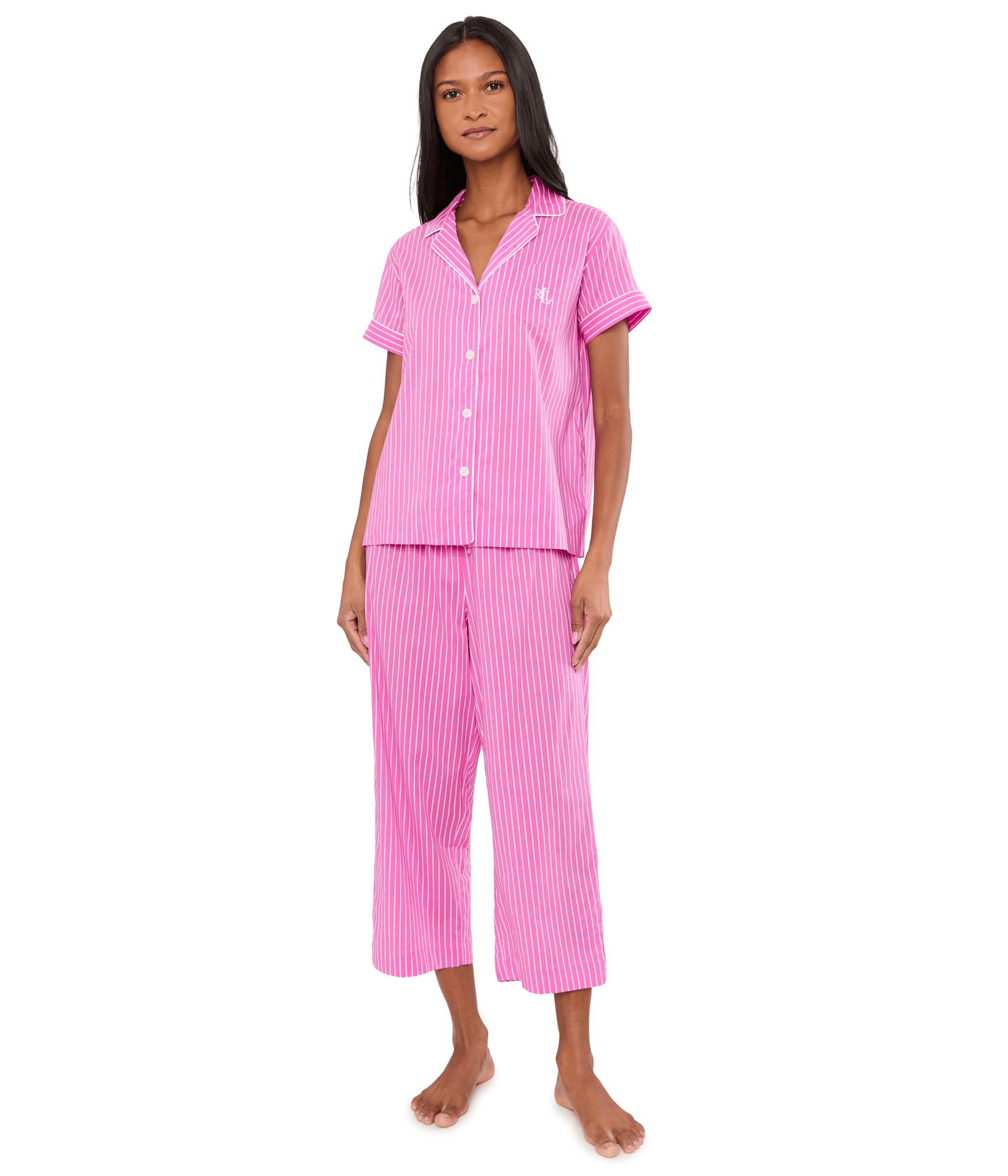 Short Sleeve Notch Collar Cropped Pants PJ Set