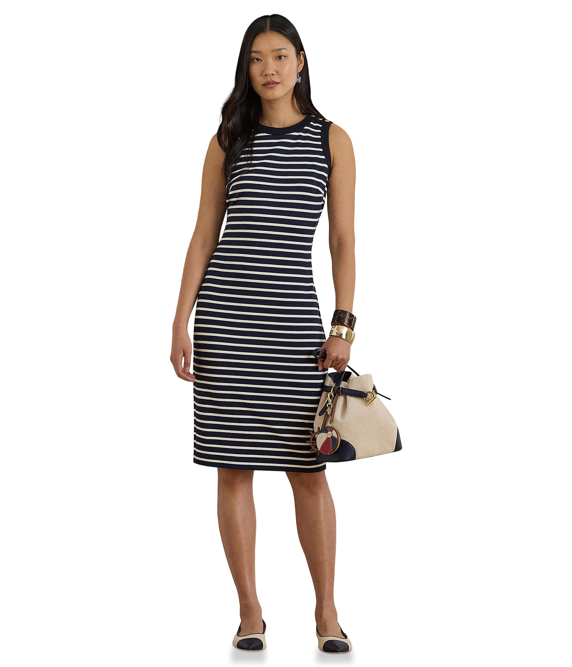 Striped Snap-Trim Ponte Sheath Dress