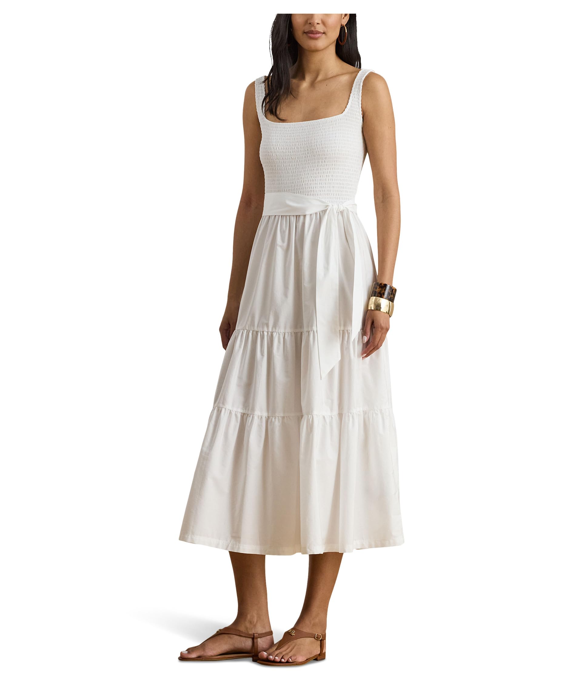 Belted Jersey & Broadcloth Tiered Dress