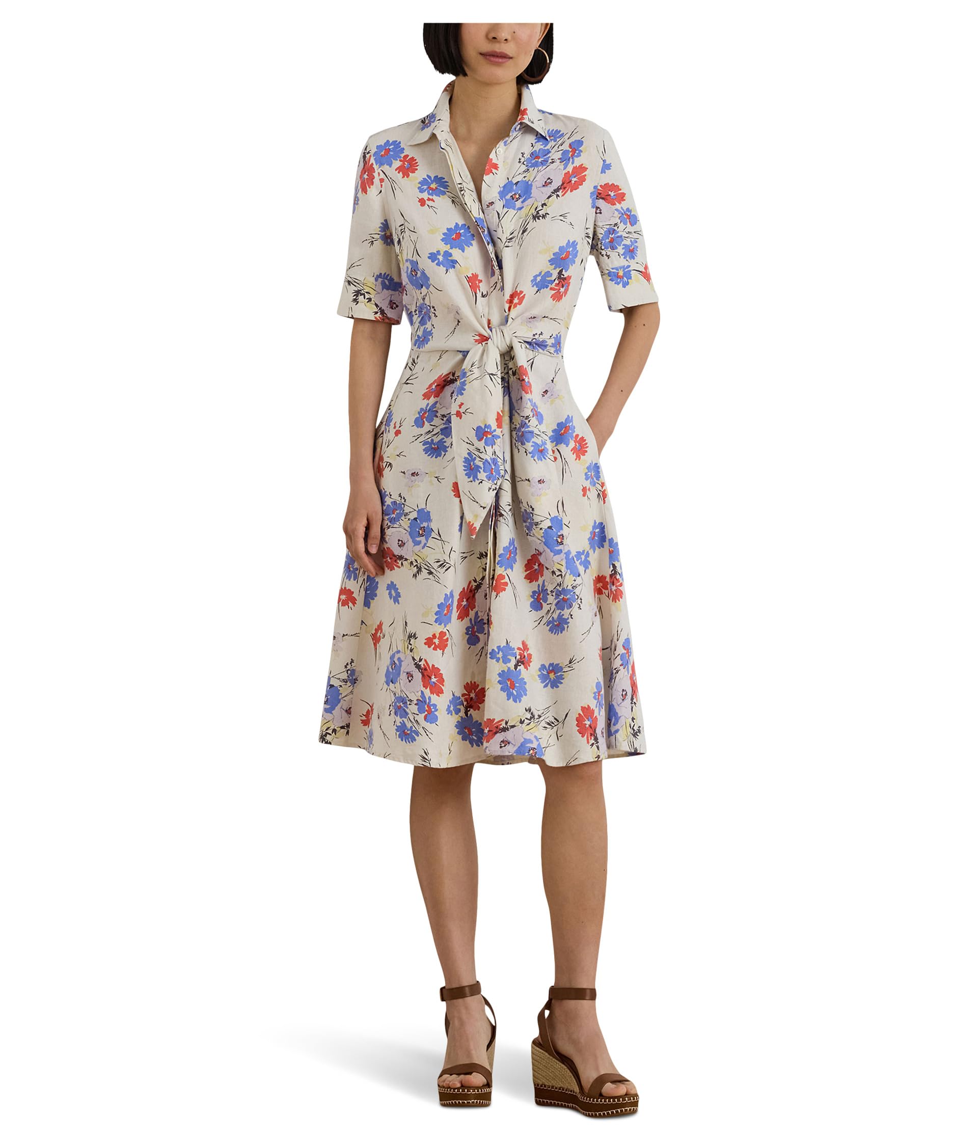 Floral Tie-Front Linen Shirtdress