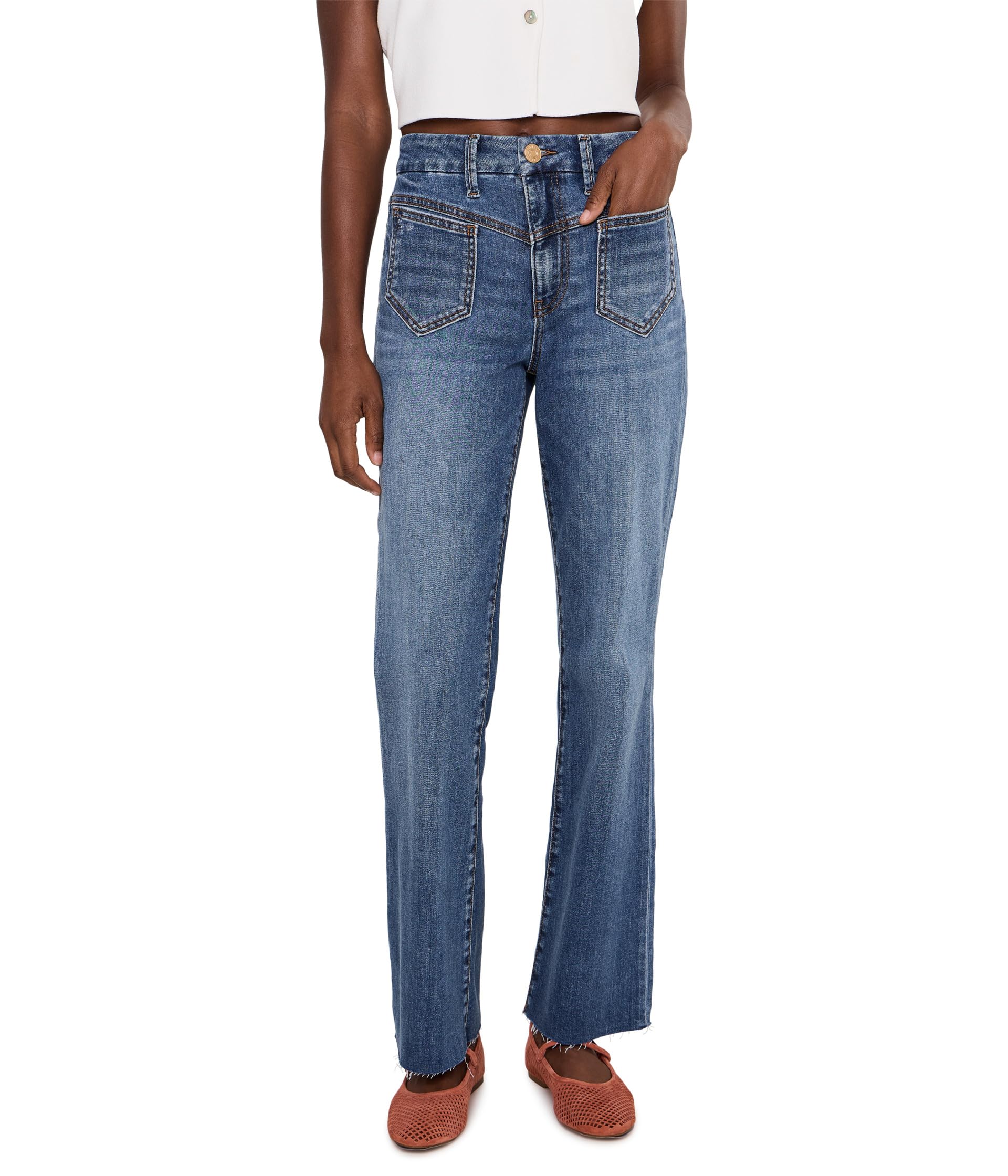 Kelsey High-Rise Ankle Flare Front Yoke Pocket Raw Hem