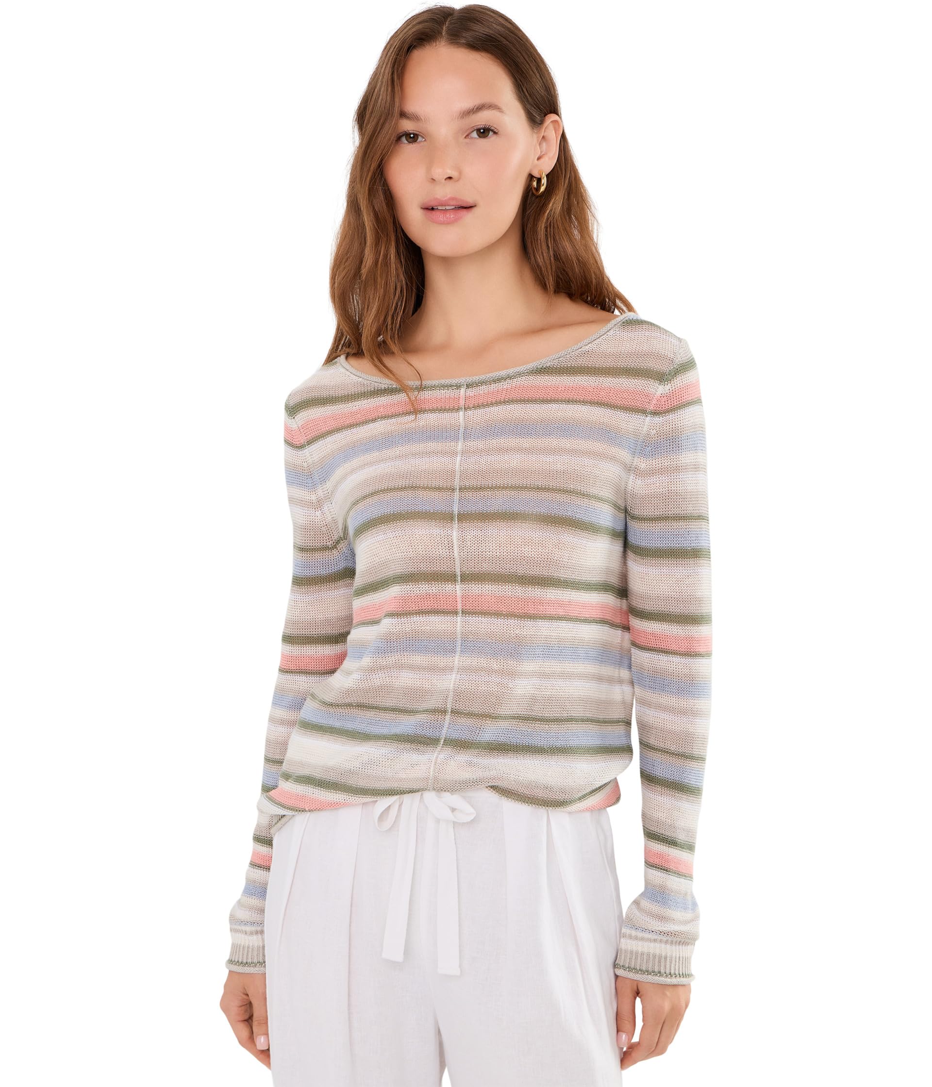 Cedar Linen Multi Stripe Bateau Neck Sweater