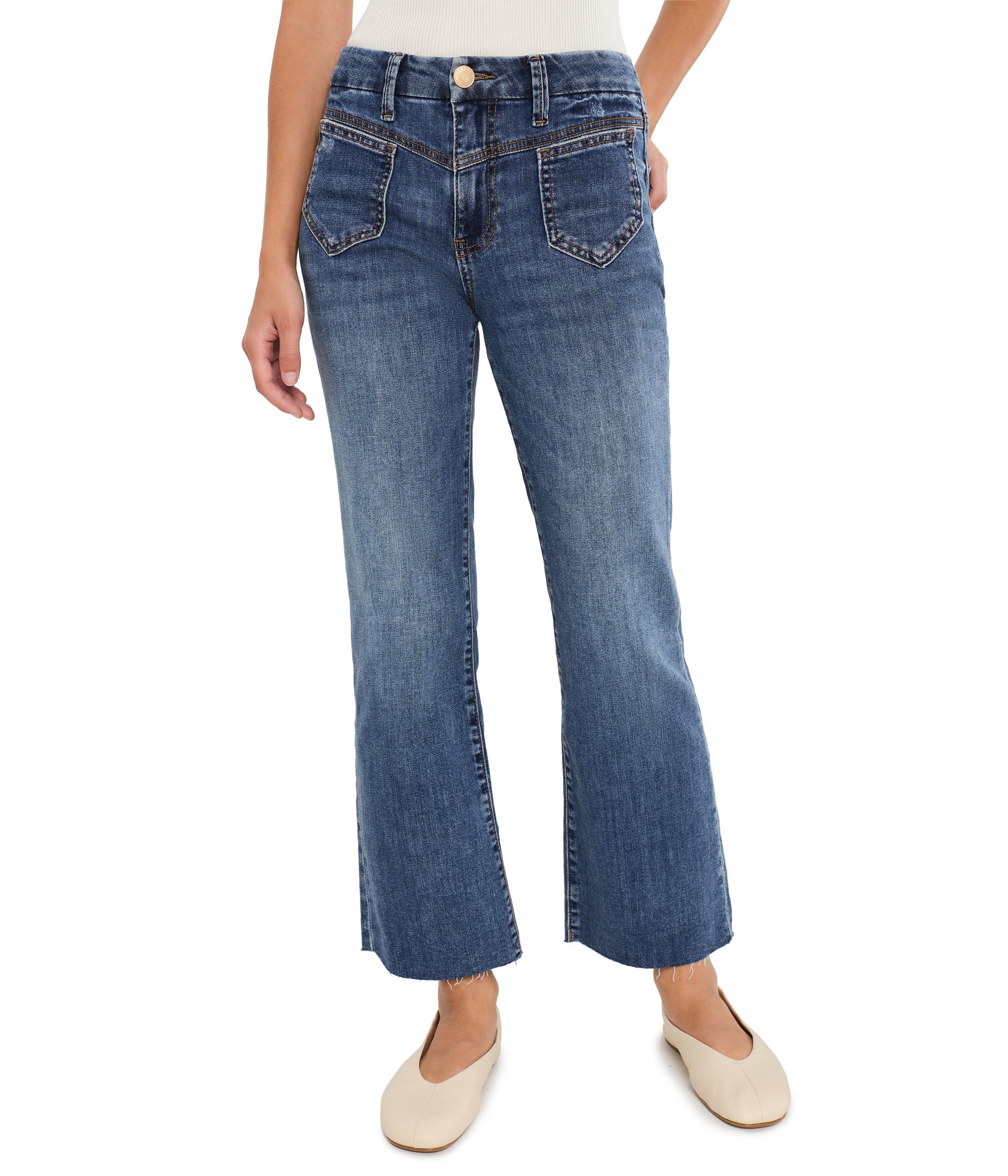 Petite Kelsey High-Rise Ankle Flare Front Yoke Pocket Raw Hem in Peak