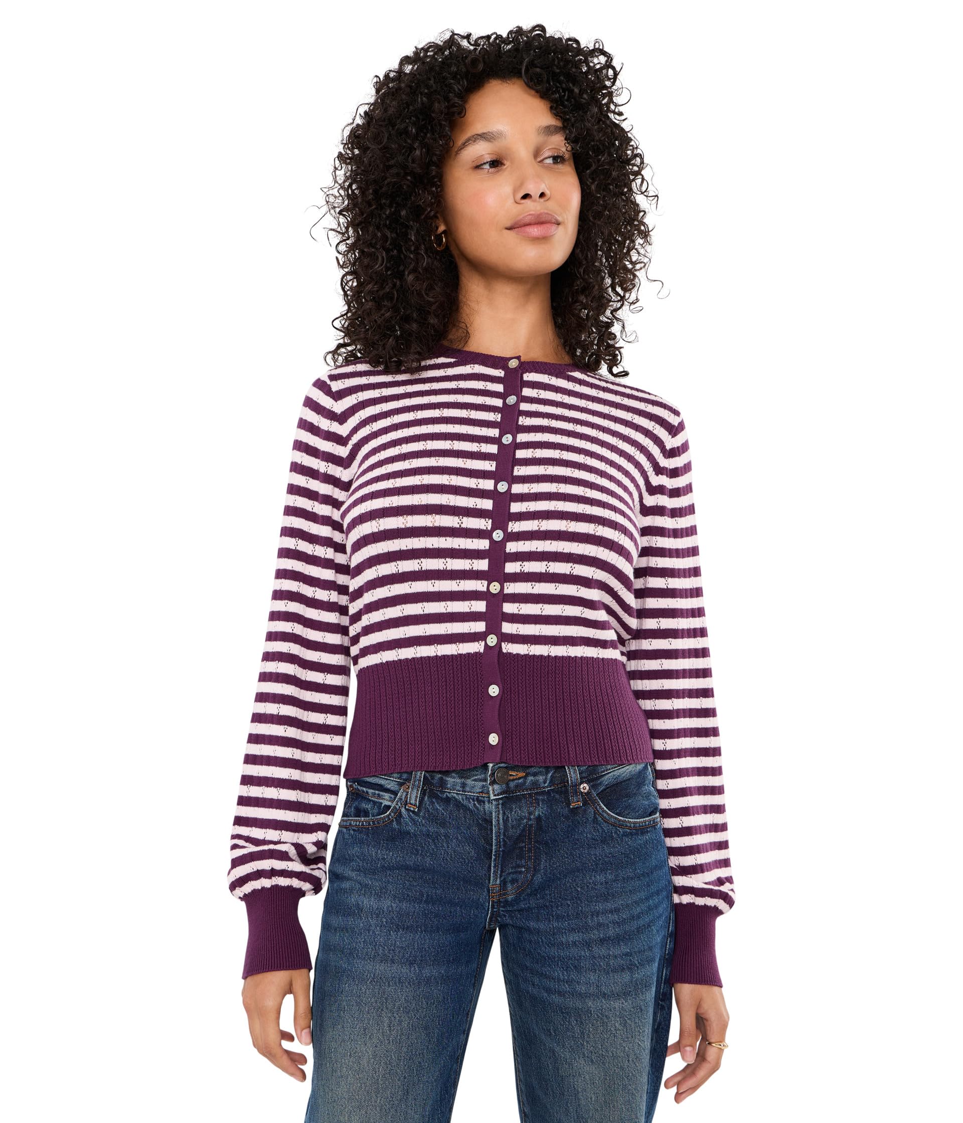 Кардиган Beckett Striped Pointelle с буфами и высоким ребристым воротом