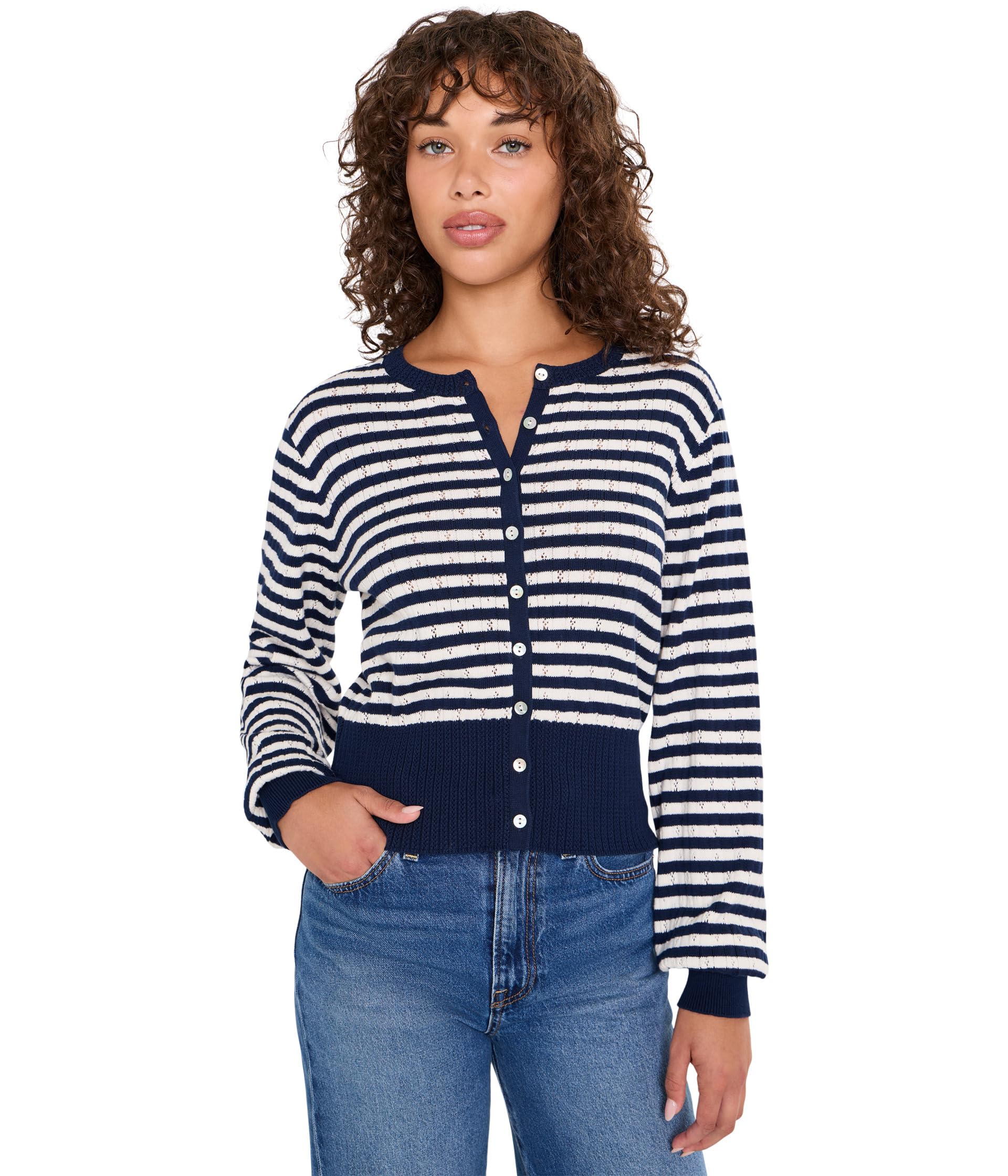 Beckett Striped Pointelle Blouson Sleeve High Rib Cardigan