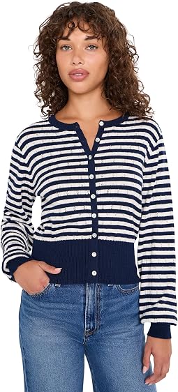 Beckett Striped Pointelle Blouson Sleeve High Rib Cardigan