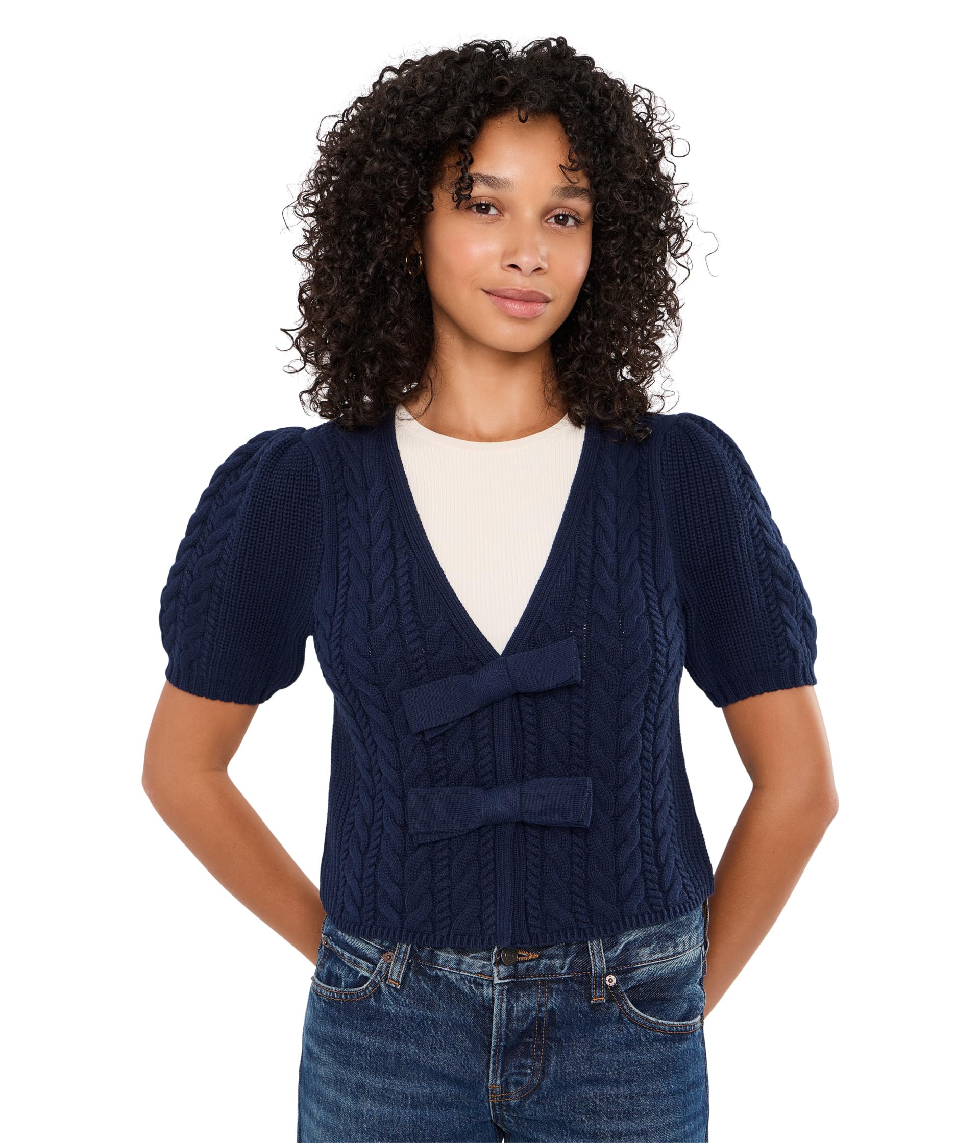 Alexandra All Over Cable Puff Sleeve Bow Cardigan