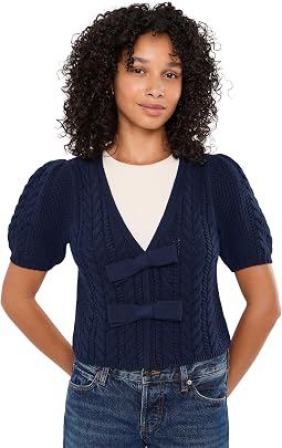 Alexandra All Over Cable Puff Sleeve Bow Cardigan