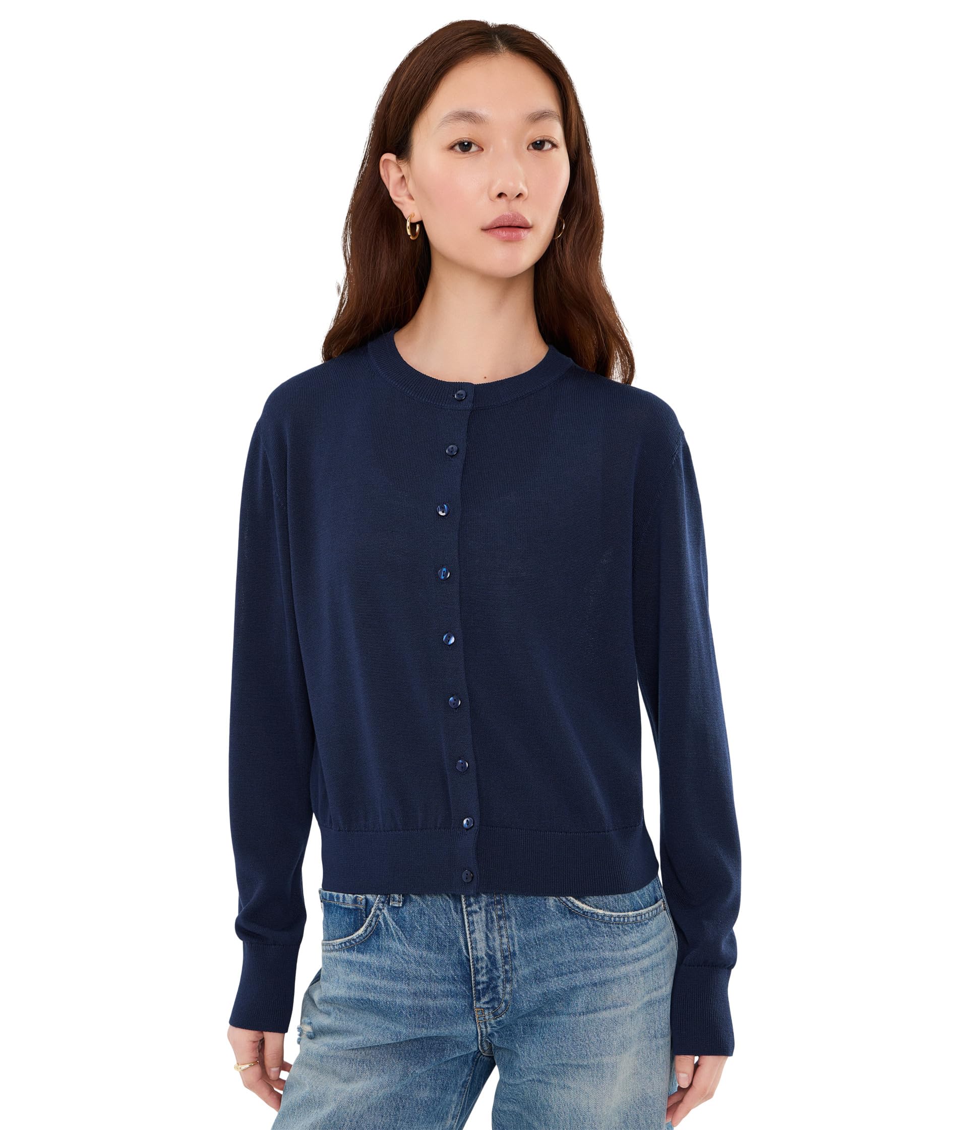 Bennett Sheer Long Sleeve Button-Down Crew Neck Cardi