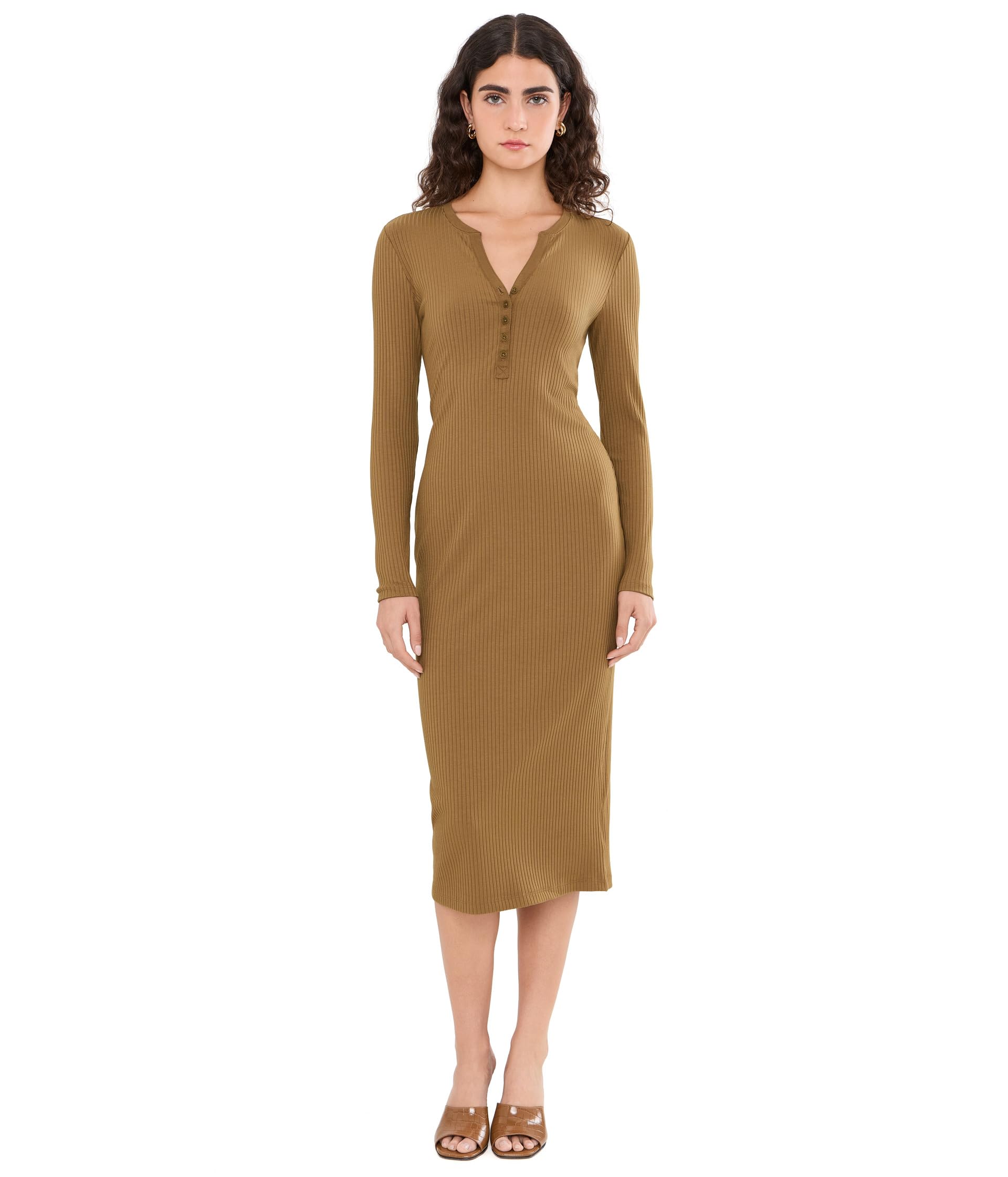 Rib-Knit Henley Midi Dress