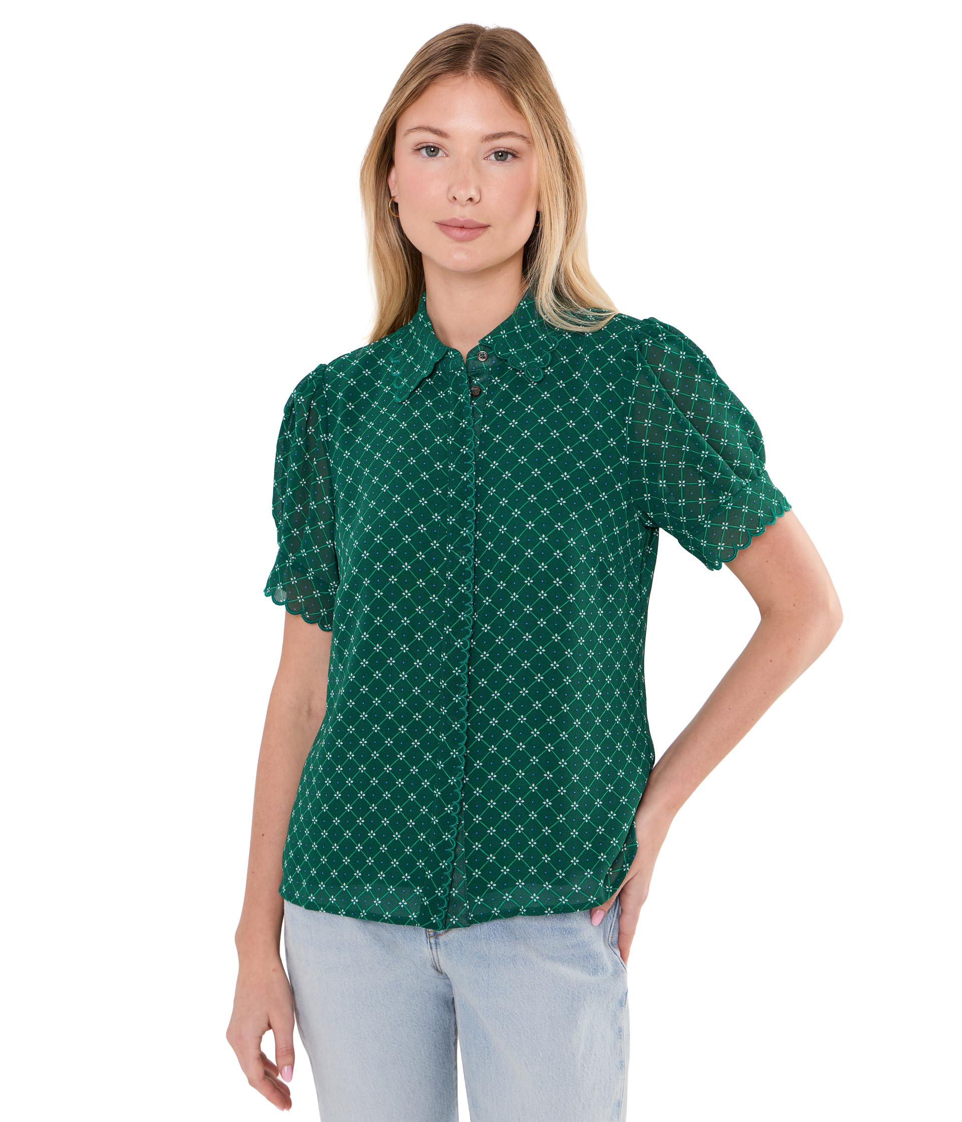 Short Sleeve Scallop Trim Button-Up Top