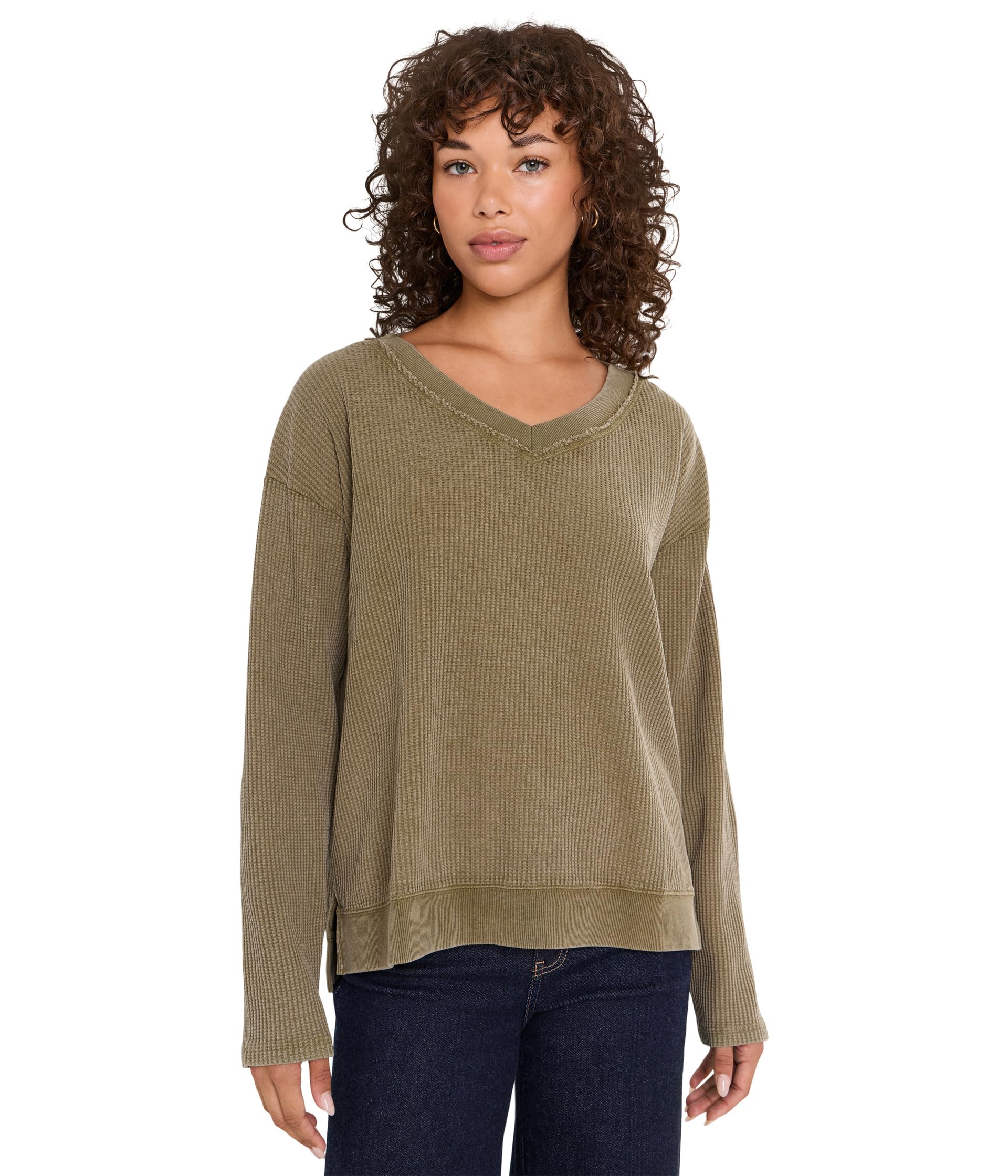 Long Sleeve V-Neck Waffle Texture Sweatshirt