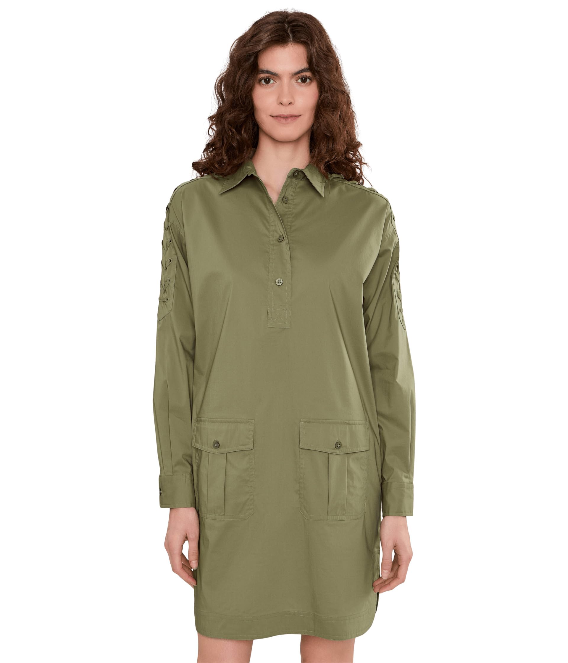 Lace-Up-Trim Cotton-Blend Shirtdress