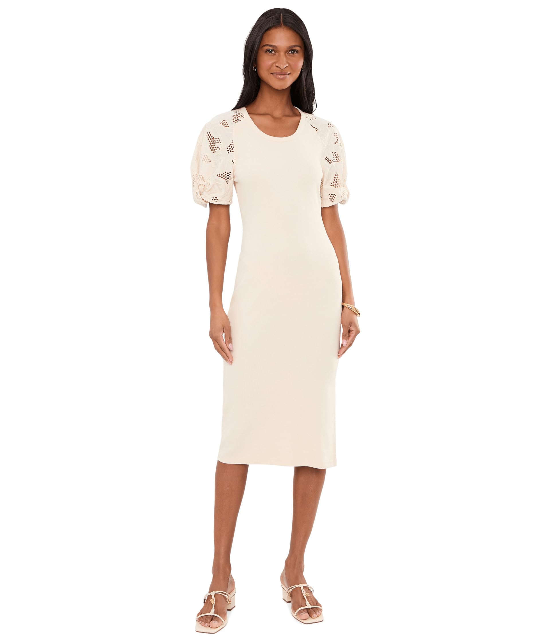 Rib-Knit Cotton Eyelet-Puff-Sleeve Dress