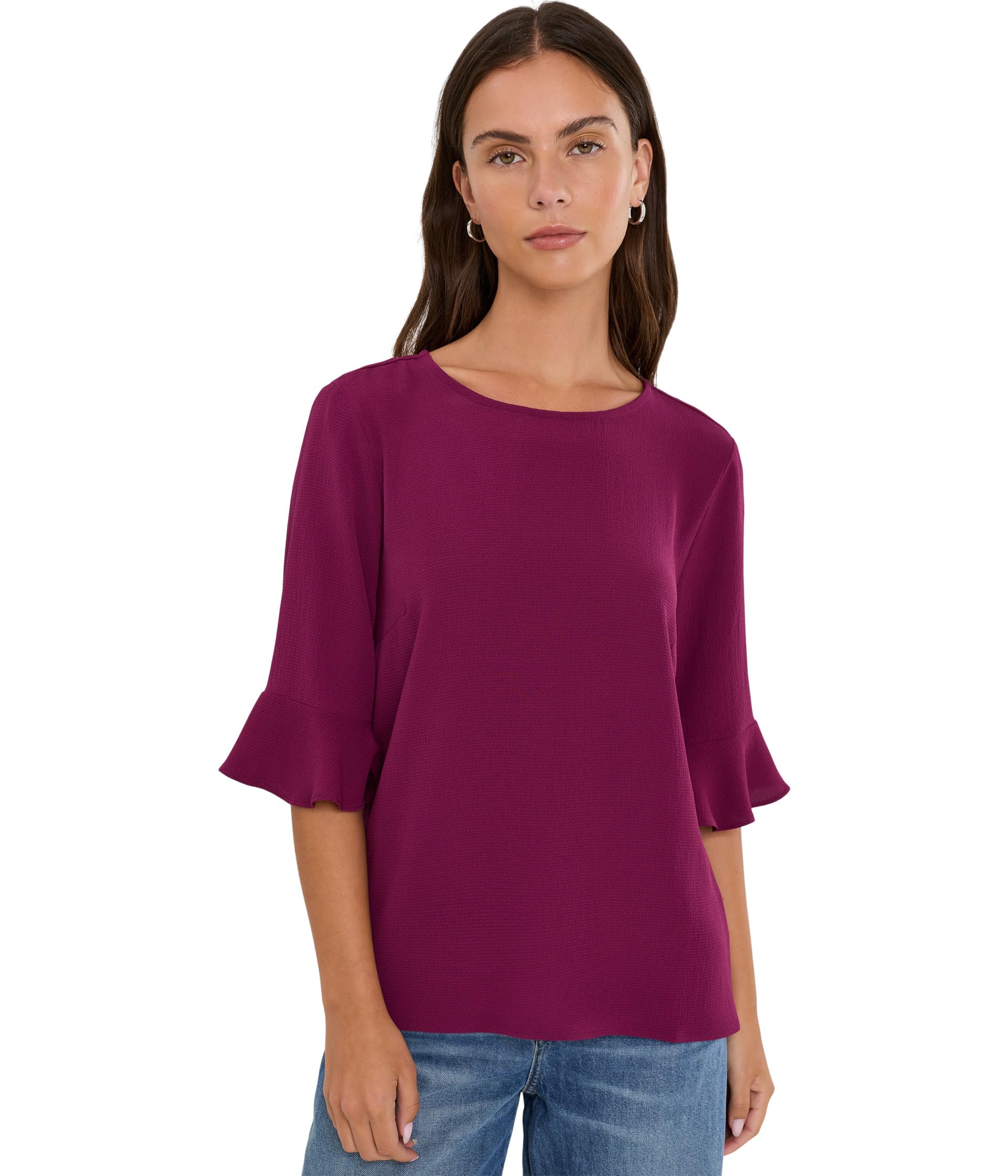 Short Sleeve Ruffle Cuff Crew Neck Blouse