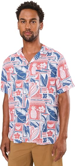 Waikiki Woodblock Seabreeze Linen Rayon Short Sleeve Cabana Shirt