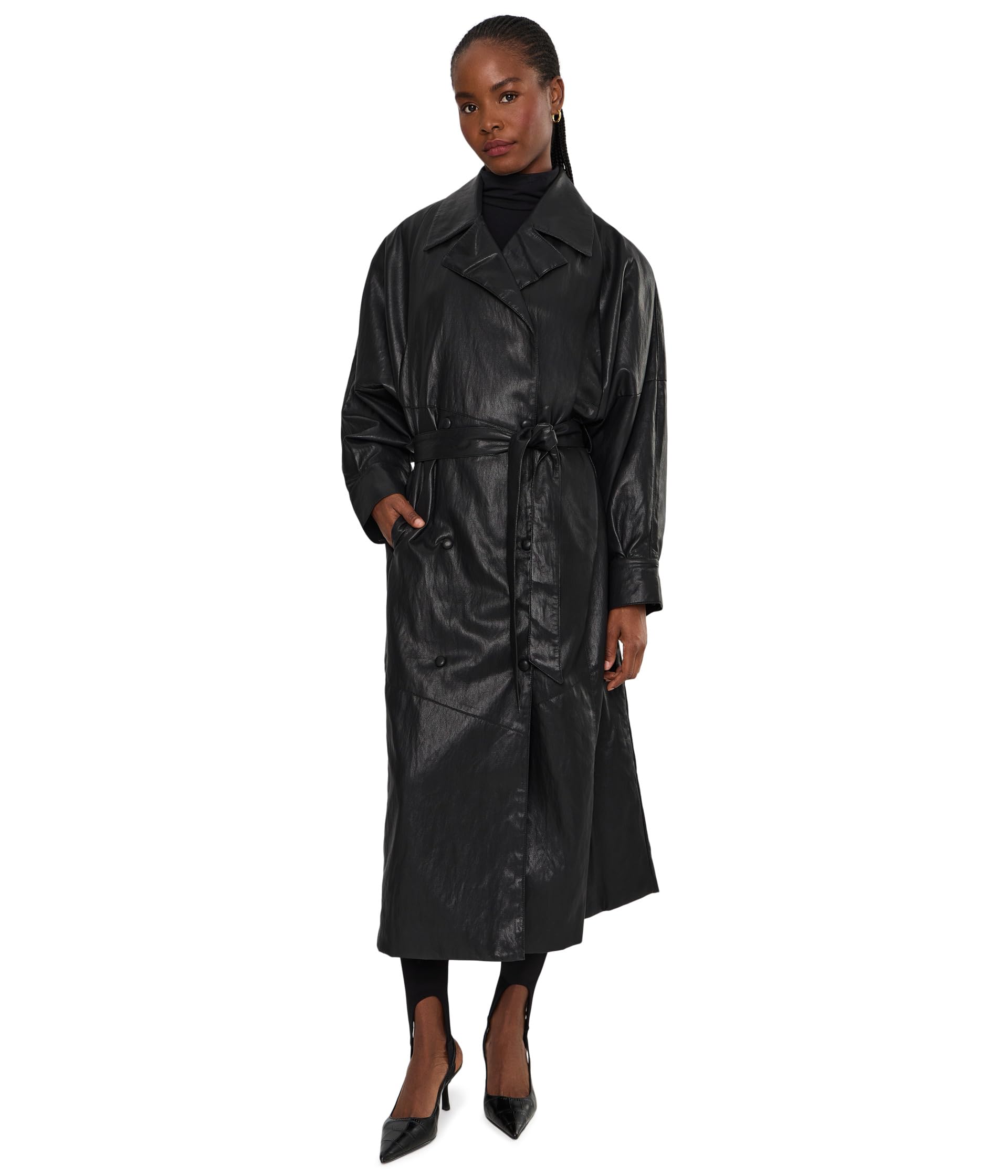 Faux Leather Long Trench Coat