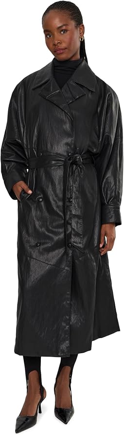 Faux Leather Long Trench Coat