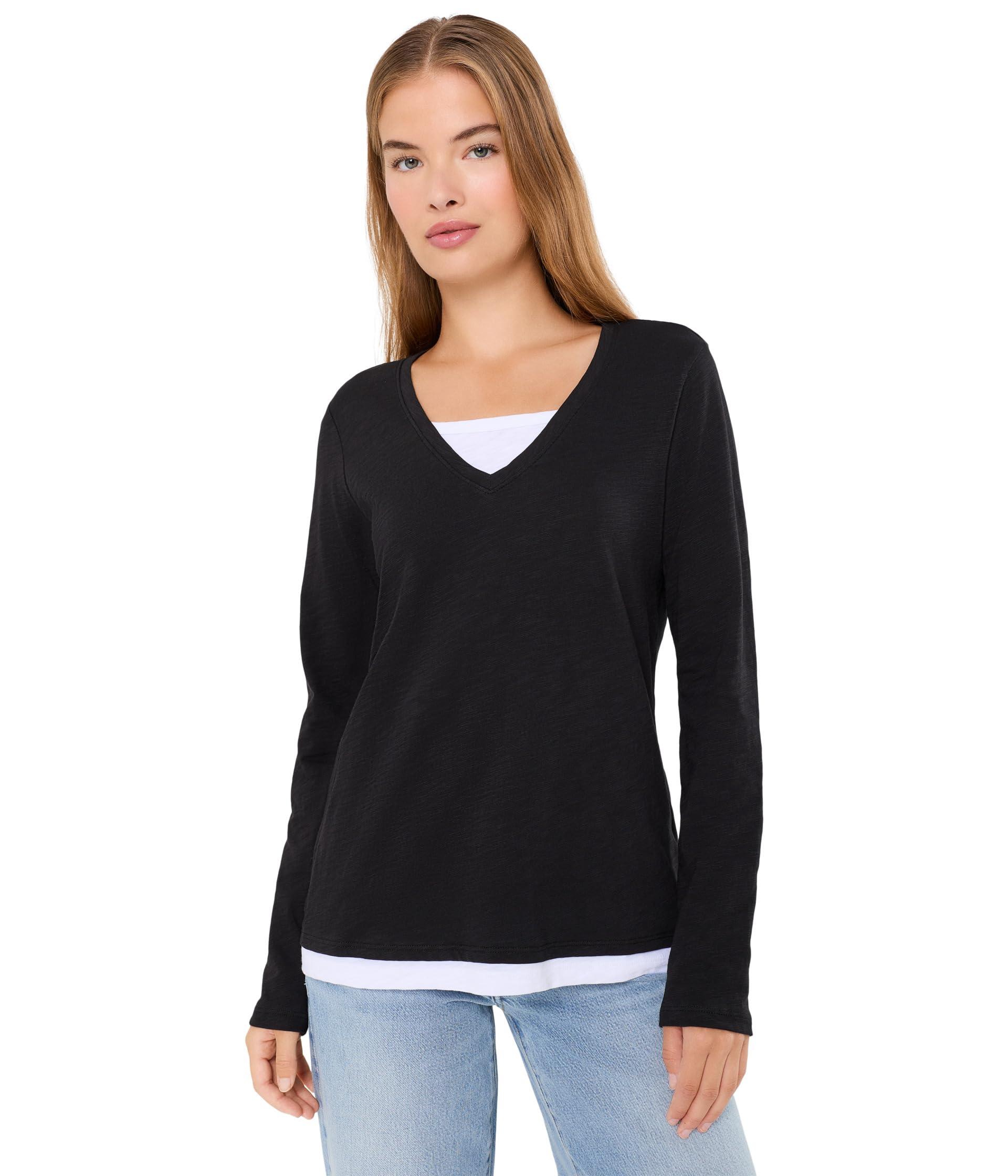 Garment Dye Tee, V-Neck, Long Sleeve with Double Layer Detail