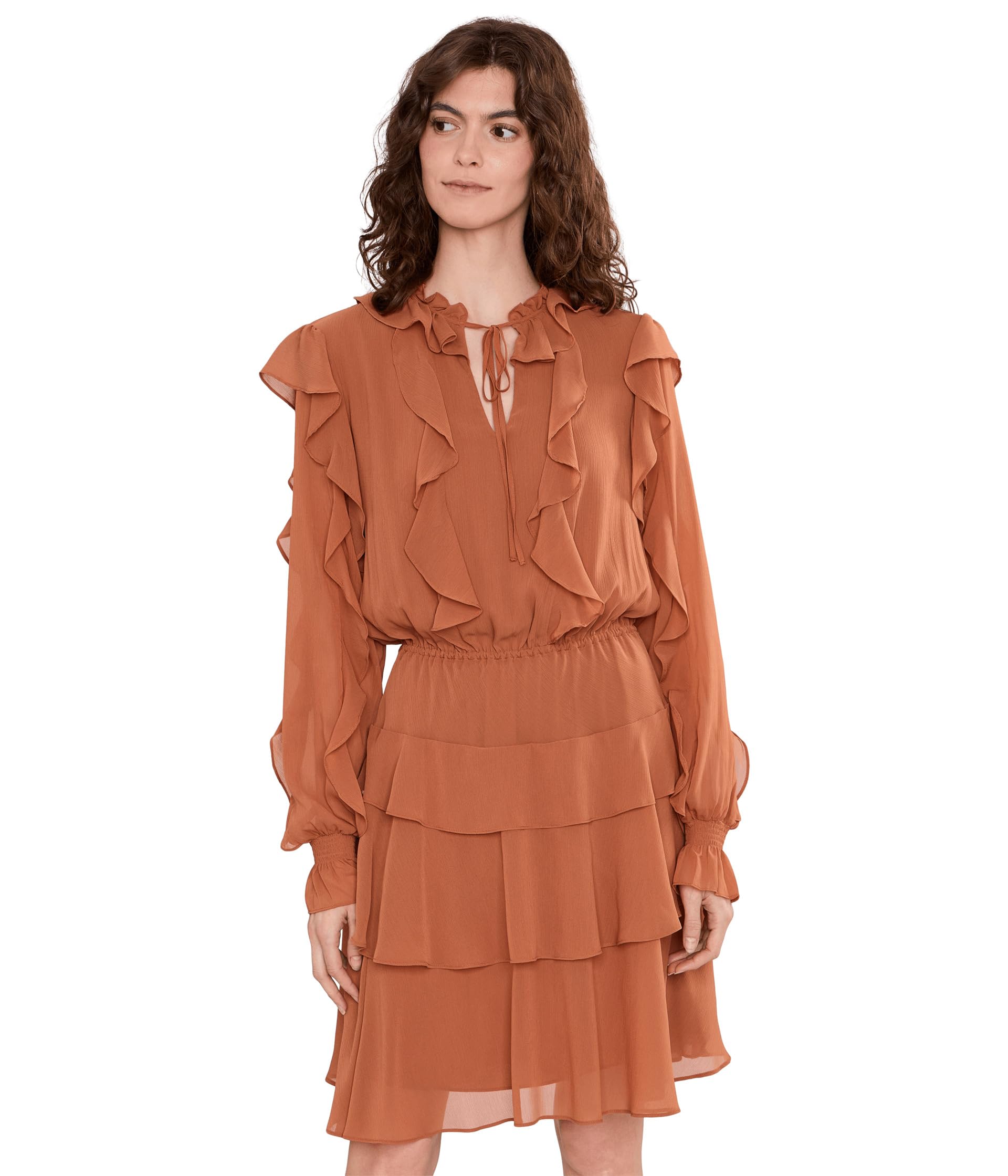Ruffle-Trim Georgette Tiered Dress
