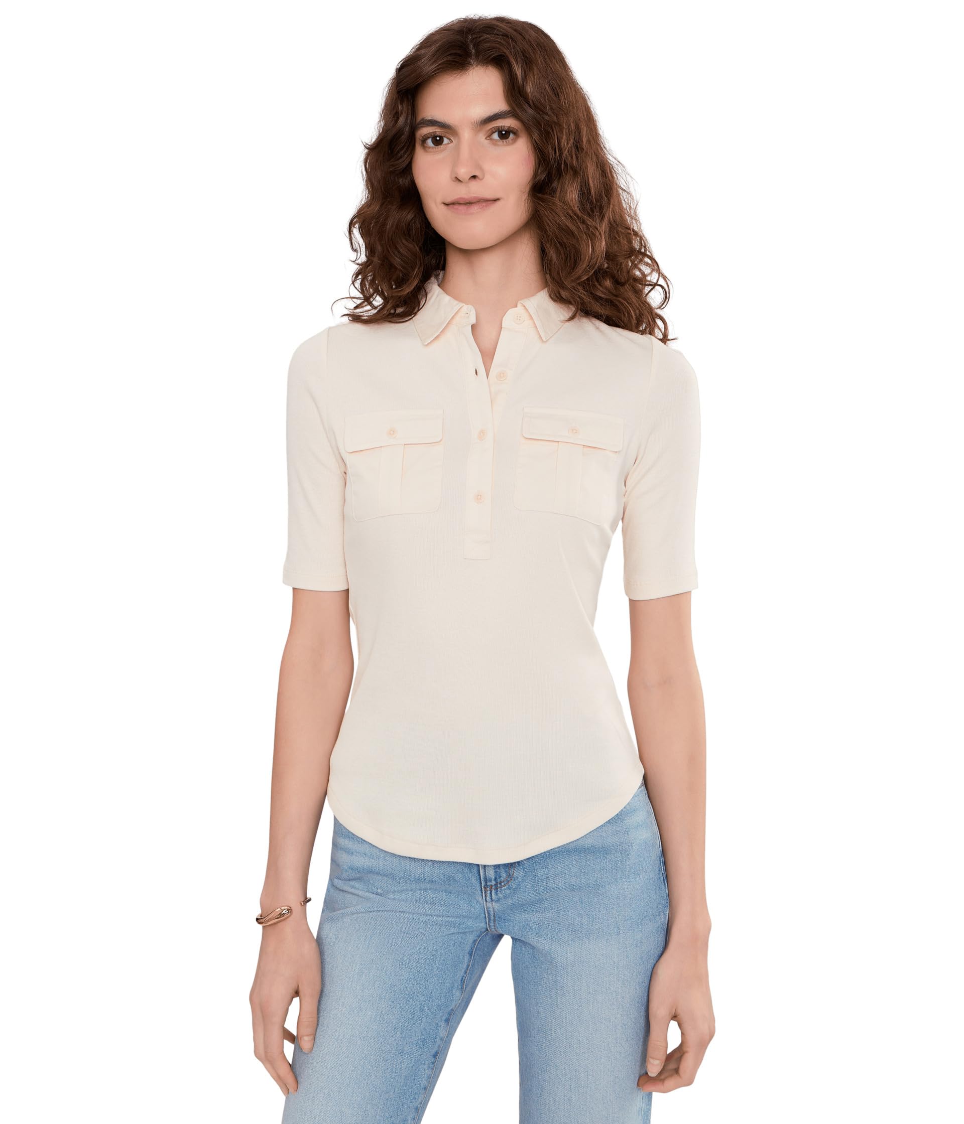 Топ с воротником и рукавами три четверти Rib-Knit Elbow-Sleeve Collared Top