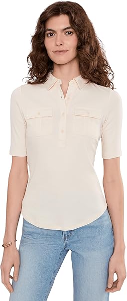 Топ с воротником и рукавами три четверти Rib-Knit Elbow-Sleeve Collared Top