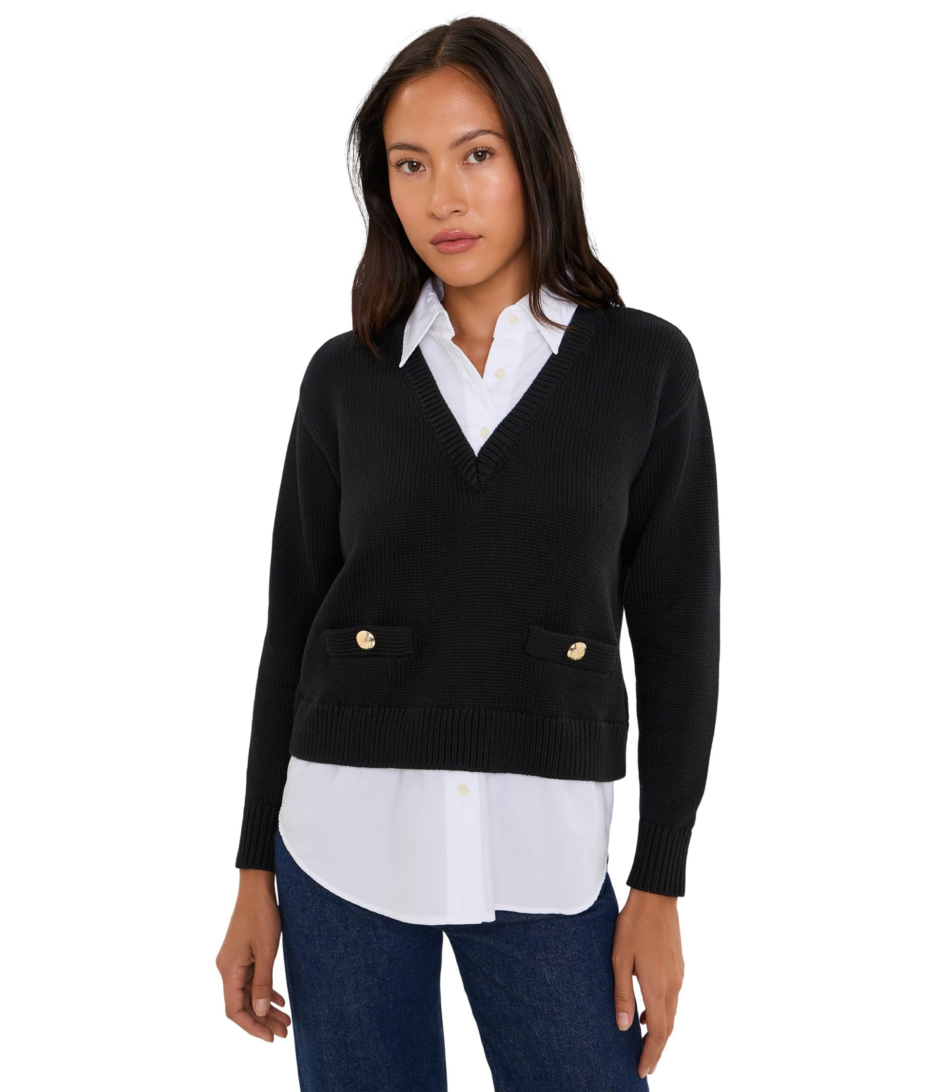 Petite Layered Button-Trim Cotton Sweater