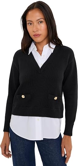 Petite Layered Button-Trim Cotton Sweater