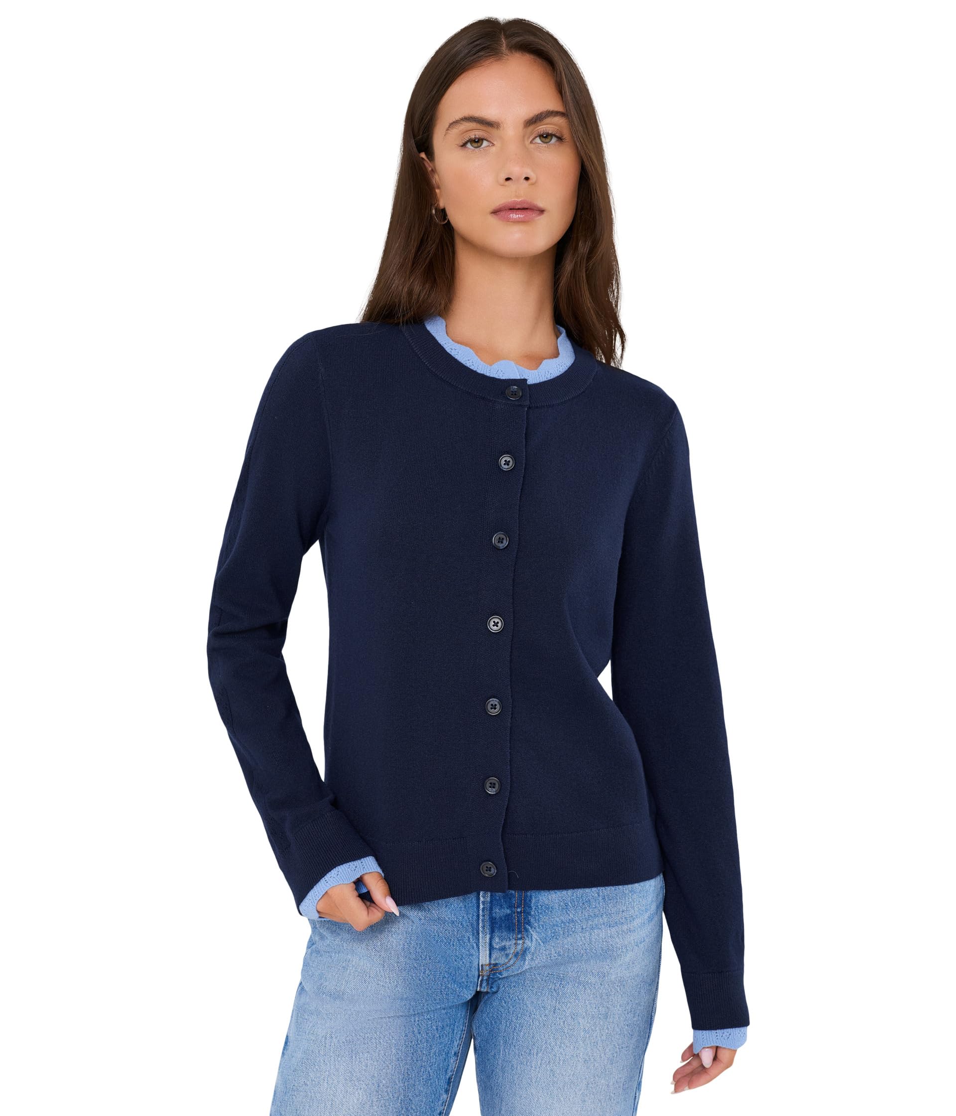 Long Sleeve Crew Neck Cardigan with Lace Trim