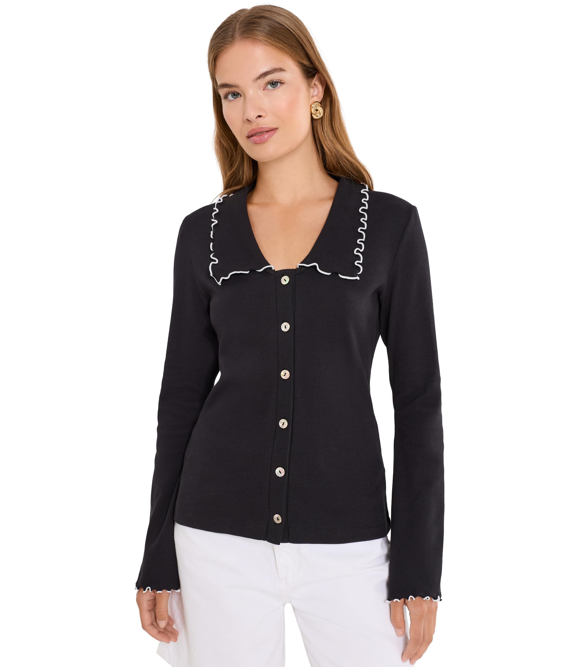 Lettuce Trim V-Neck Long Sleeve Button Down