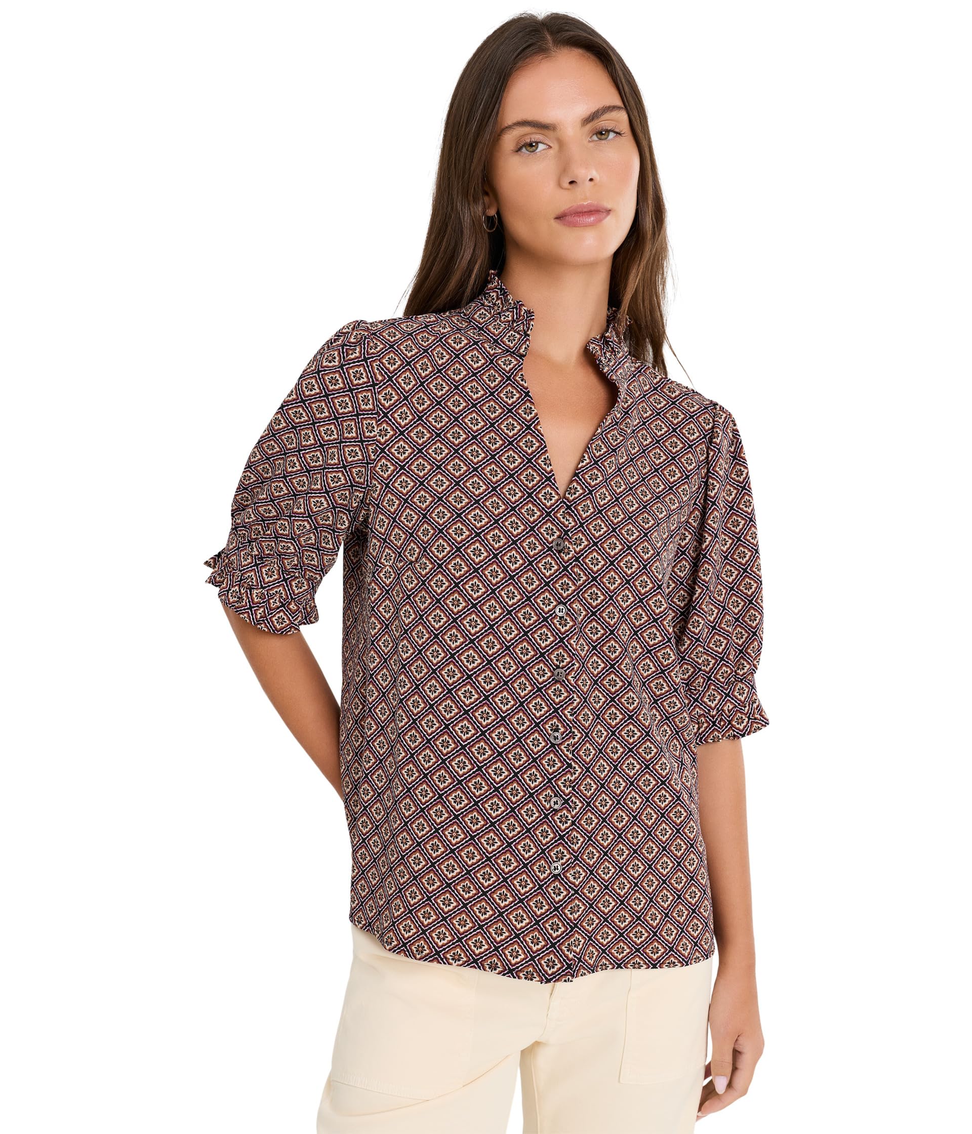 Блузка Ruffle V-Neck Elbow Sleeve Button-Down Blouse