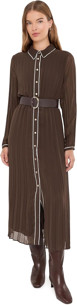 Pleated Button-Up Midi Dress with Contrast Piping