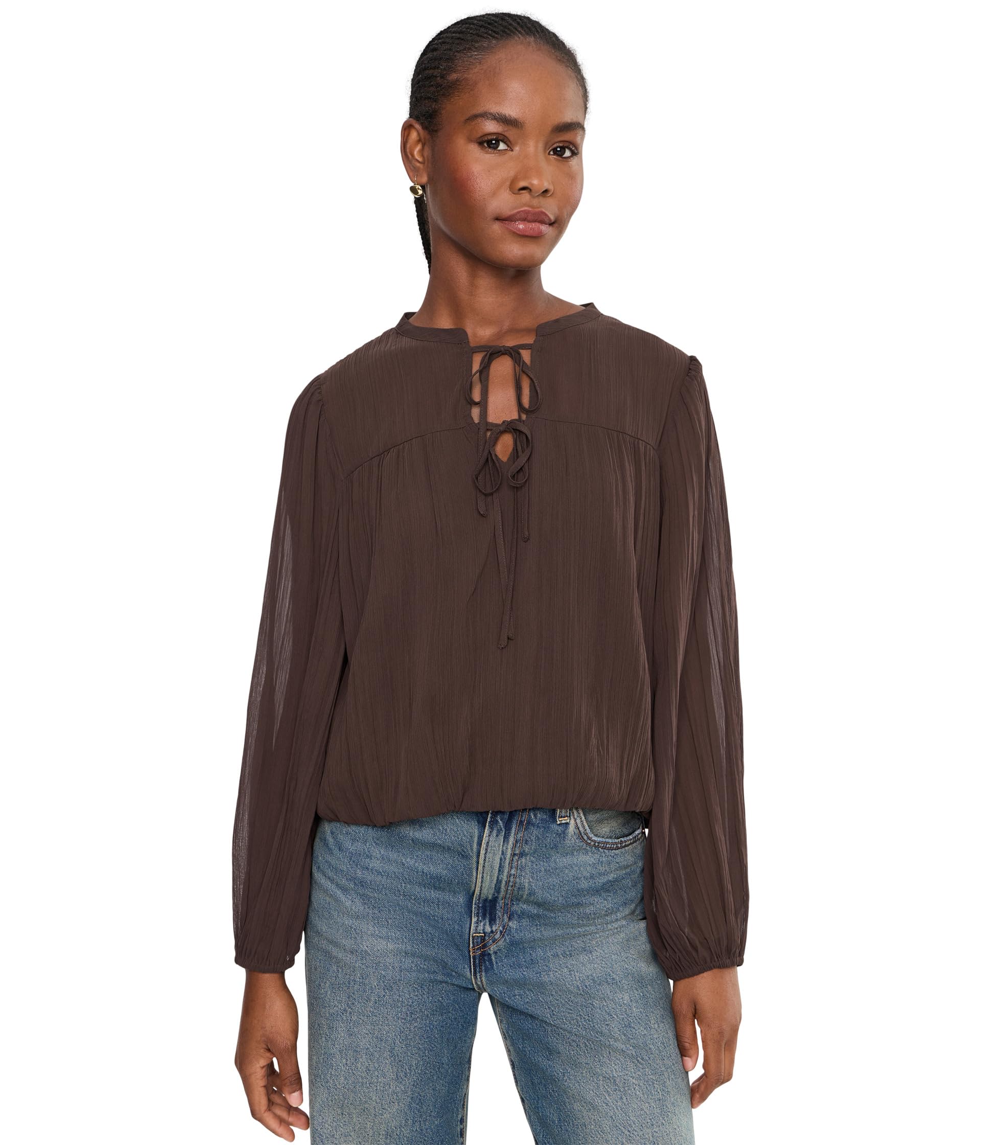 Long Sleeve Bubble Hem with Split-Neck and Two Ties